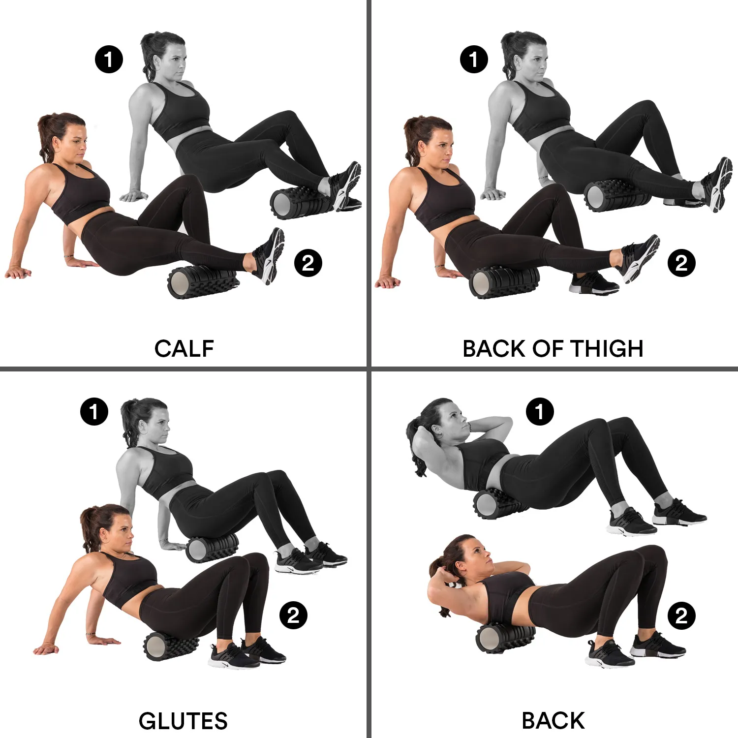 Vier Felder mit Übungen zur Selbstmassage mit einer Faszienrolle. Eine Person in Sportkleidung zeigt verschiedene Positionen für Waden, Oberschenkelrückseite, Gesäßmuskeln und Rücken.