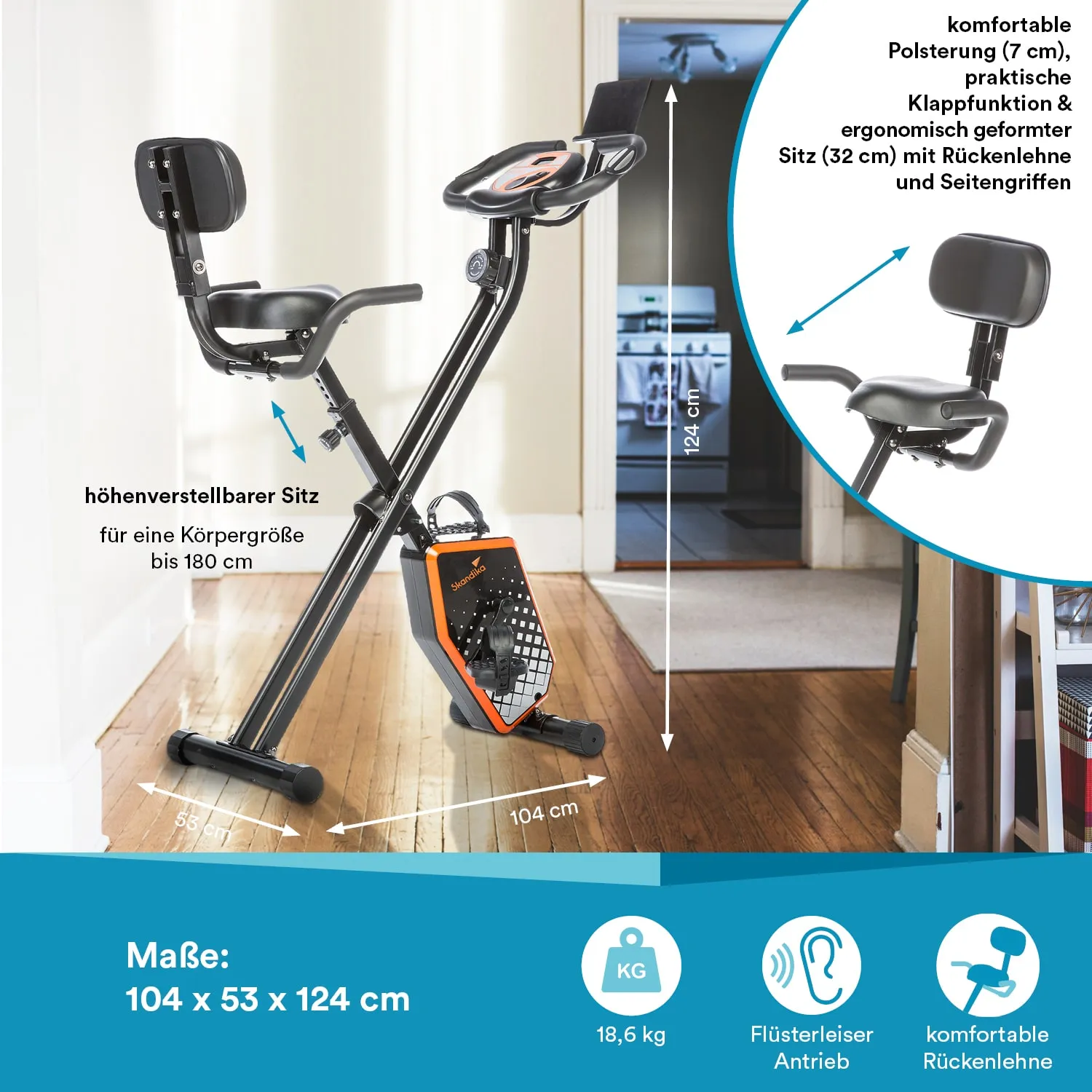 Fahrrad-Ergometer mit höhenverstellbarem Sitz, Rückenlehne, seitlichen Griffen und einem stabilen Gestell. Maße: 104 x 53 x 124 cm.