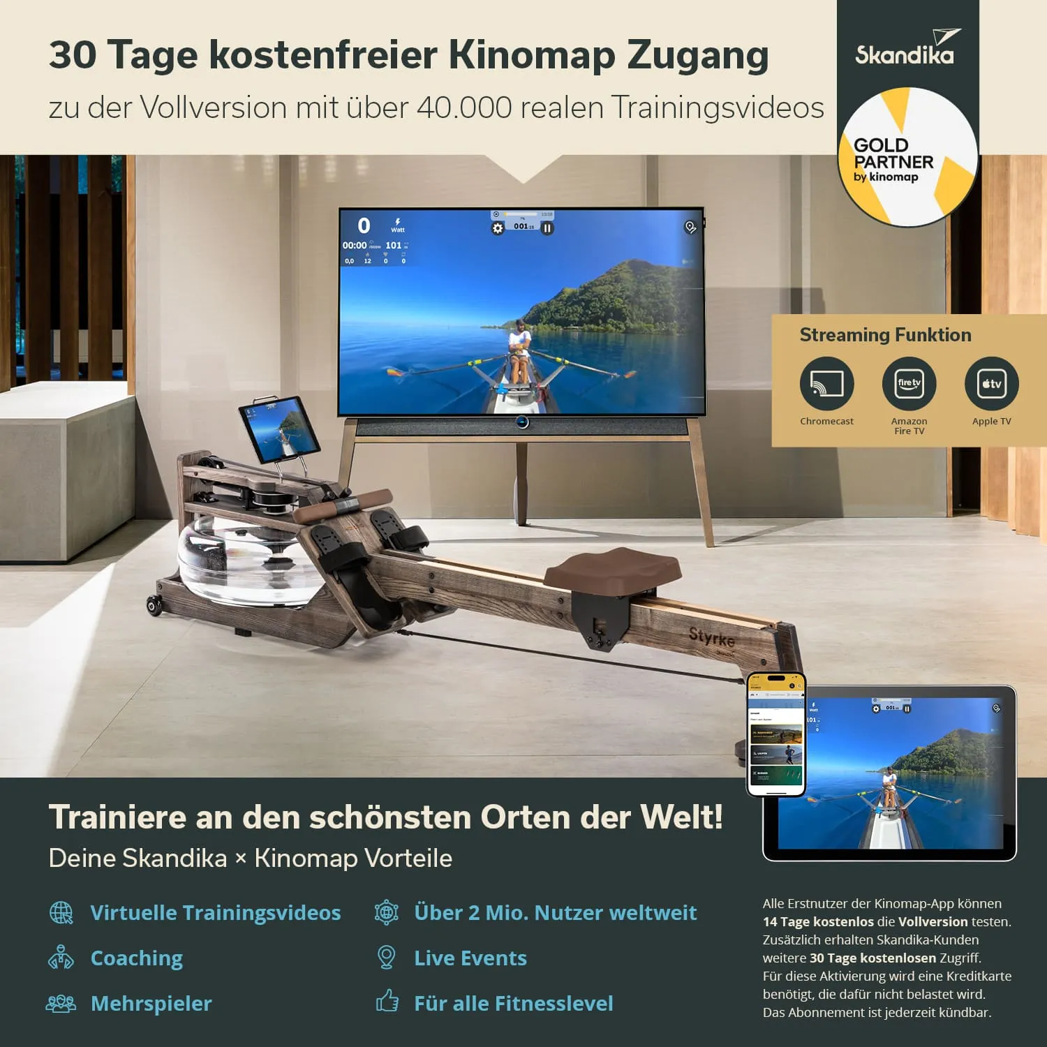 Rudergerät aus Holz mit Wasserbehälter, Smartphone und Monitor im Hintergrund, auf dem eine Trainingsumgebung angezeigt wird.