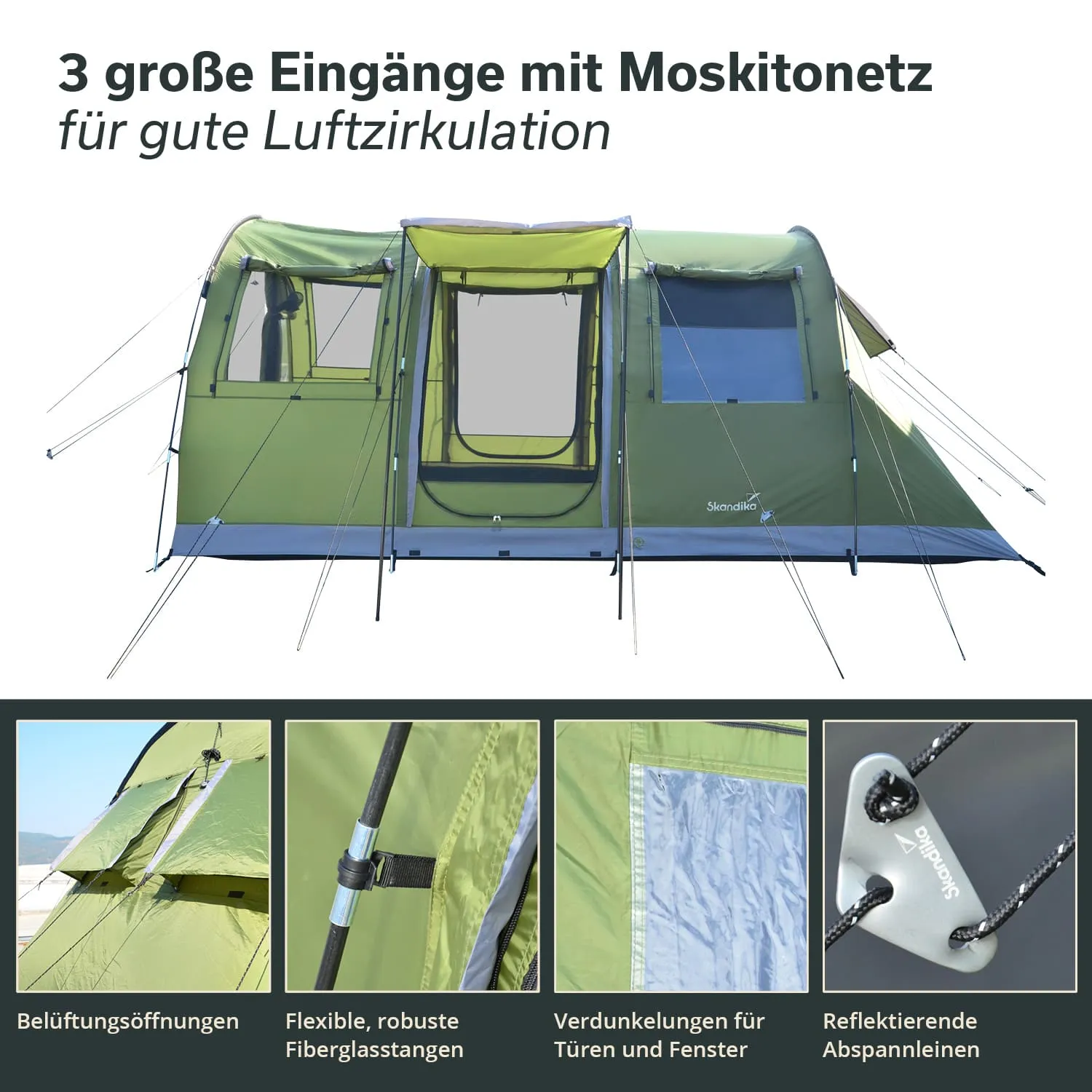 Zelt mit drei großen Eingängen, grünem Stoff und Moskitonetzen. Details: Belüftungsöffnungen, stabile Fiberglastangen und Abspannleinen.