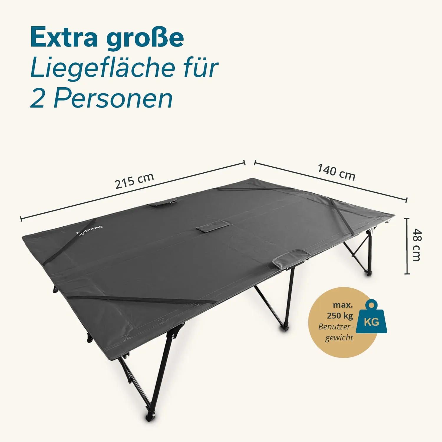 Faltbare Liege mit einer Fläche von 215 cm x 140 cm und einer Höhe von 48 cm. Maximales Benutzergewicht 250 kg.