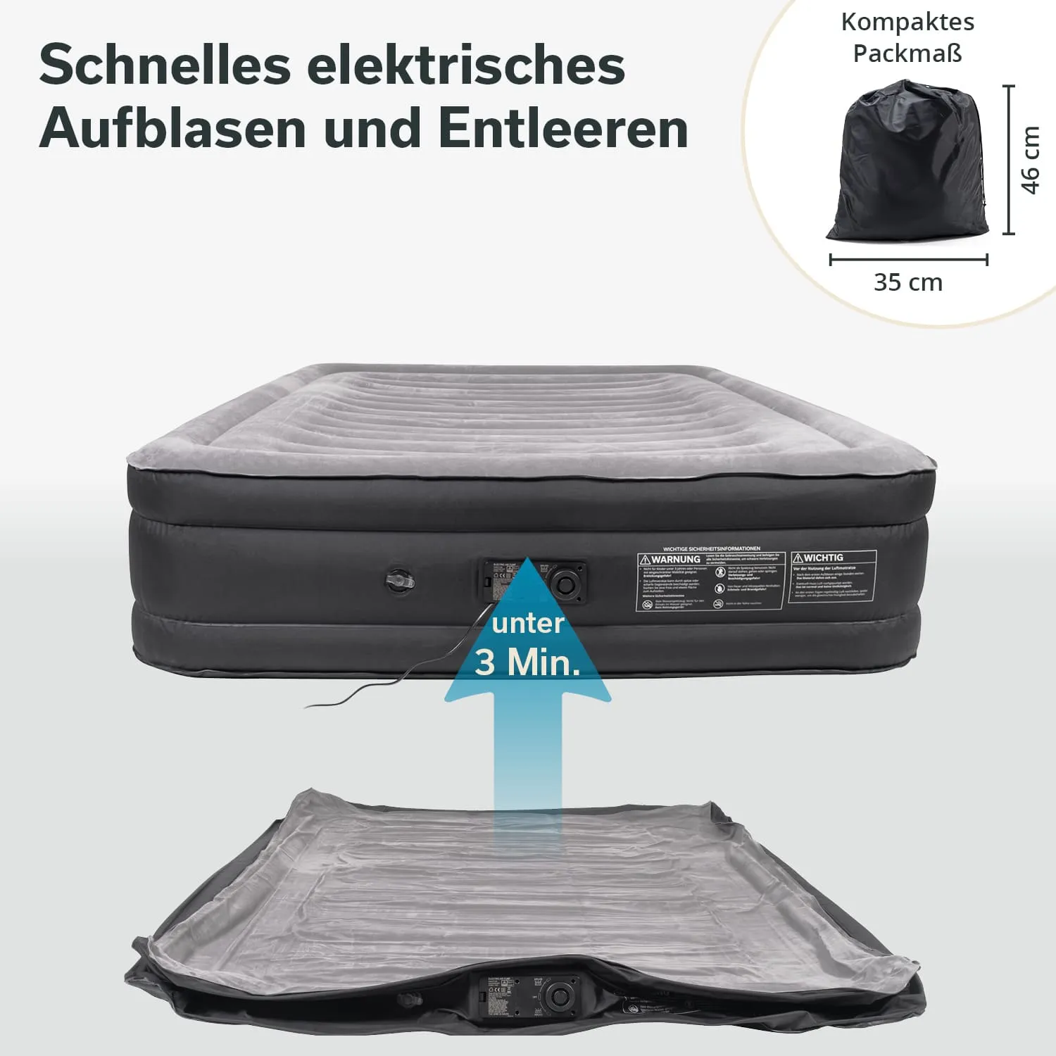 Luftmatratze mit elektrischer Pumpe, die unter 3 Minuten für das Aufblasen und Entleeren benötigt. Verpackungsgröße angezeigt.