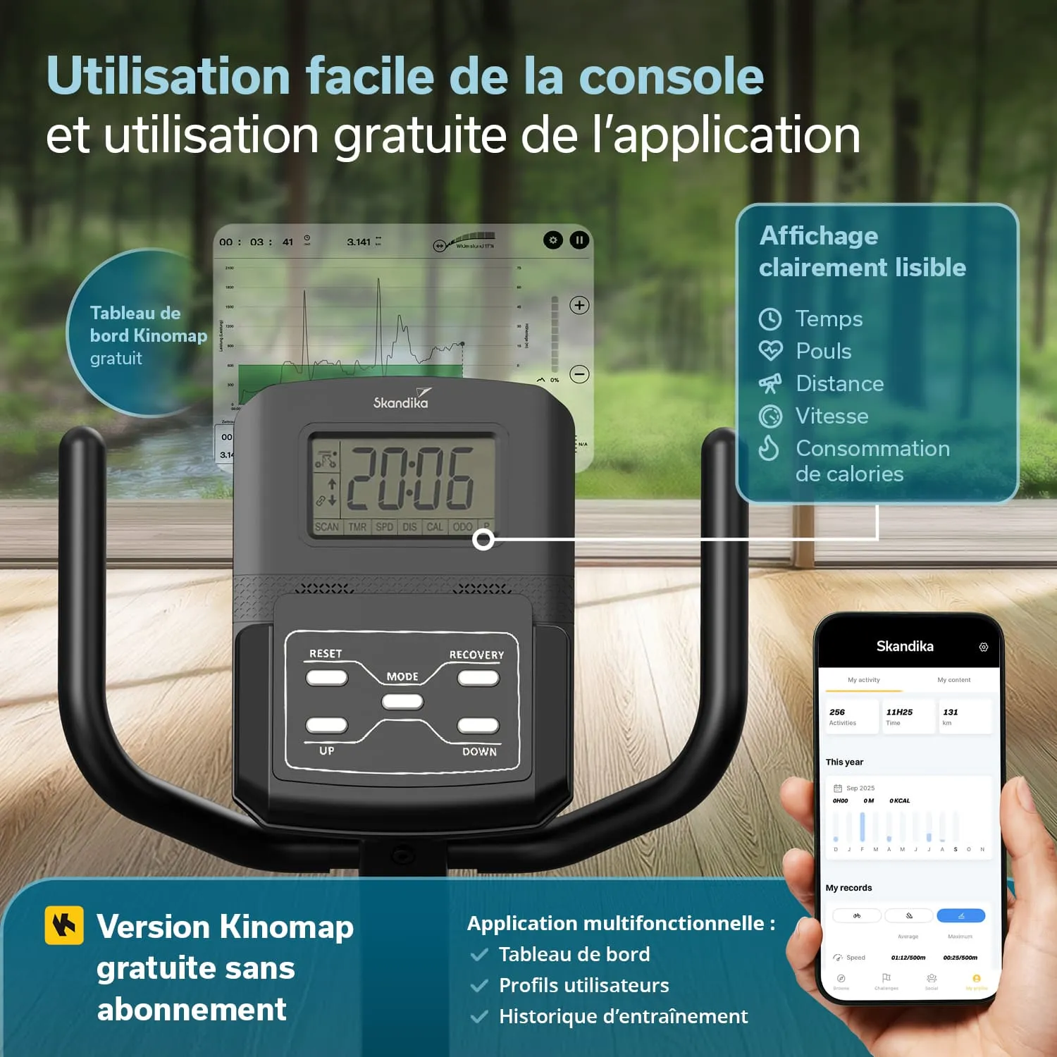 Digitales Display eines Fitnessgeräts mit mehreren Tasten, neben einem Smartphone mit Fitnessanwendung und Grafiken im Hintergrund.