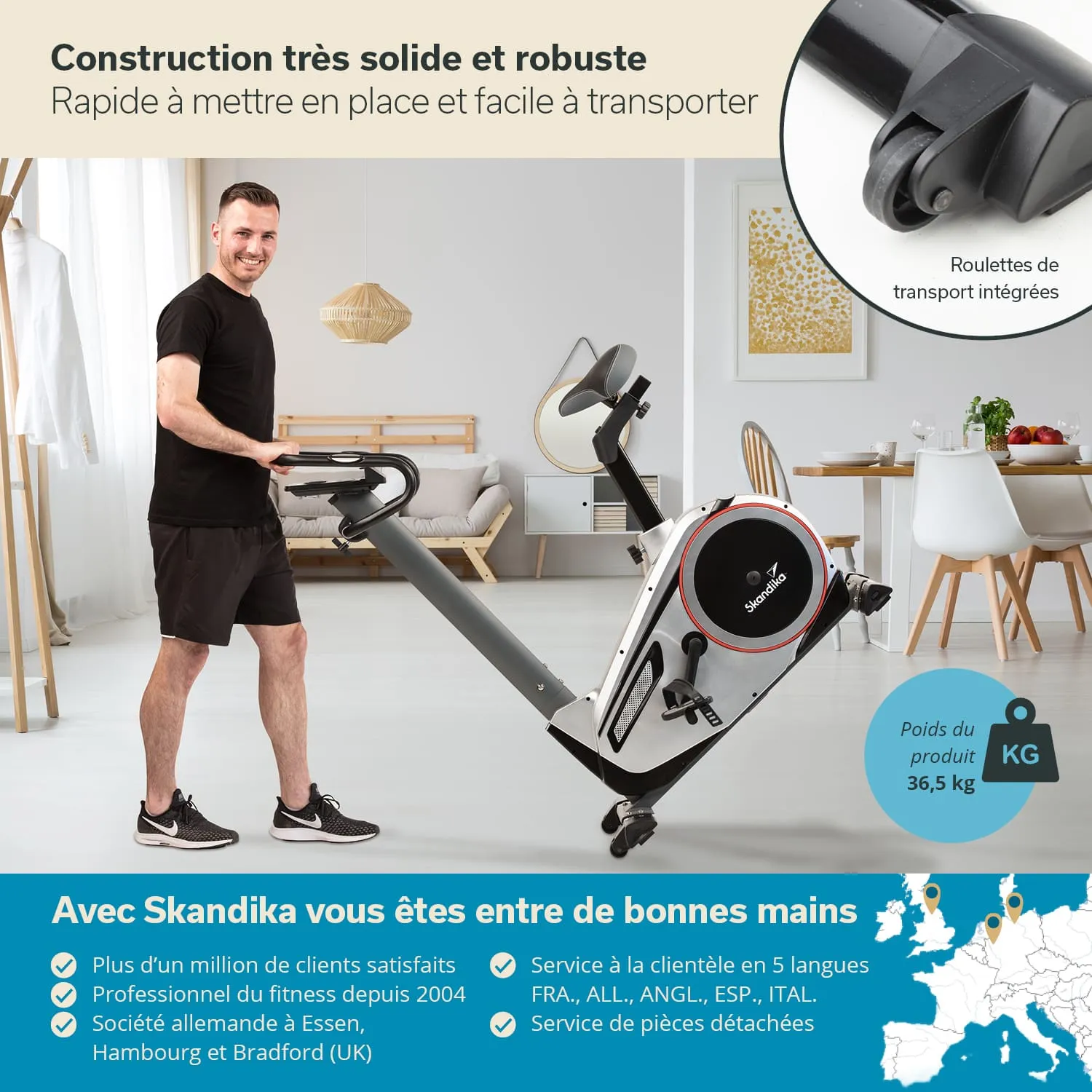 Fitnessgerät in einem modernen Raum. Eine Person steht an einem Ergometer und hält die Griffe. Der Raum hat helle Wände und dekorative Elemente.