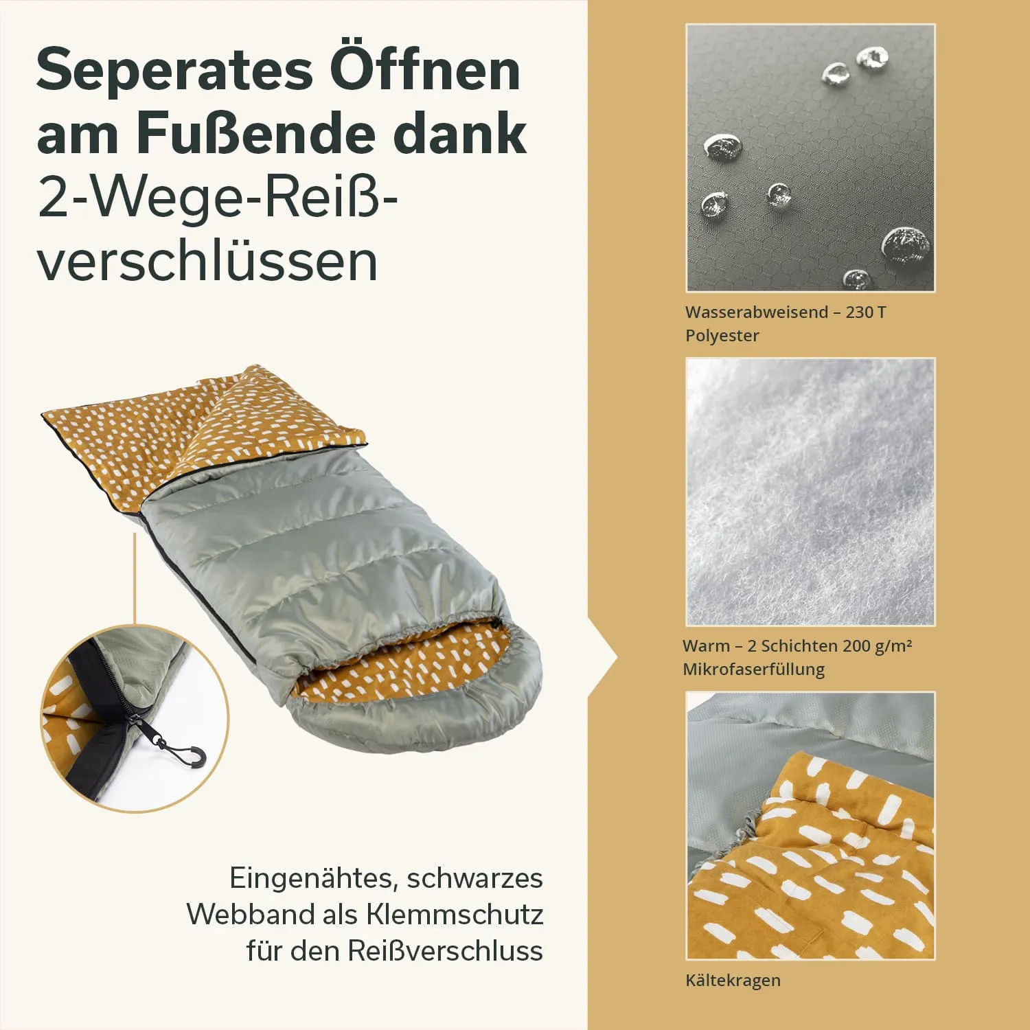 Schlafsack mit grauem Außenmaterial und braunem Innenfutter mit Mustern, 2-Wege-Reißverschluss, wasserabweisend und warm.