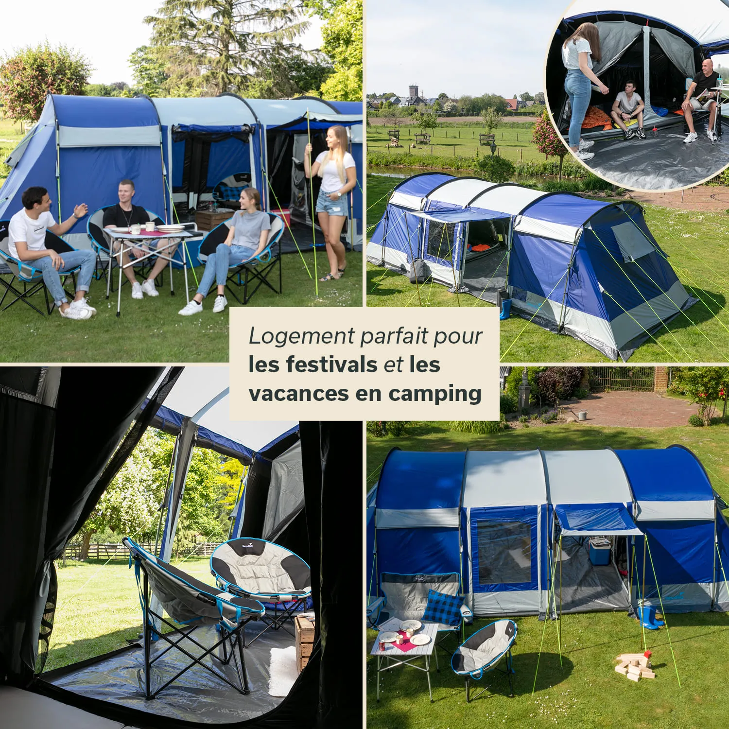 Zelt in blau und grau auf einer Wiese, Personen sitzen in Campingsesseln, im Hintergrund eine ländliche Szene.