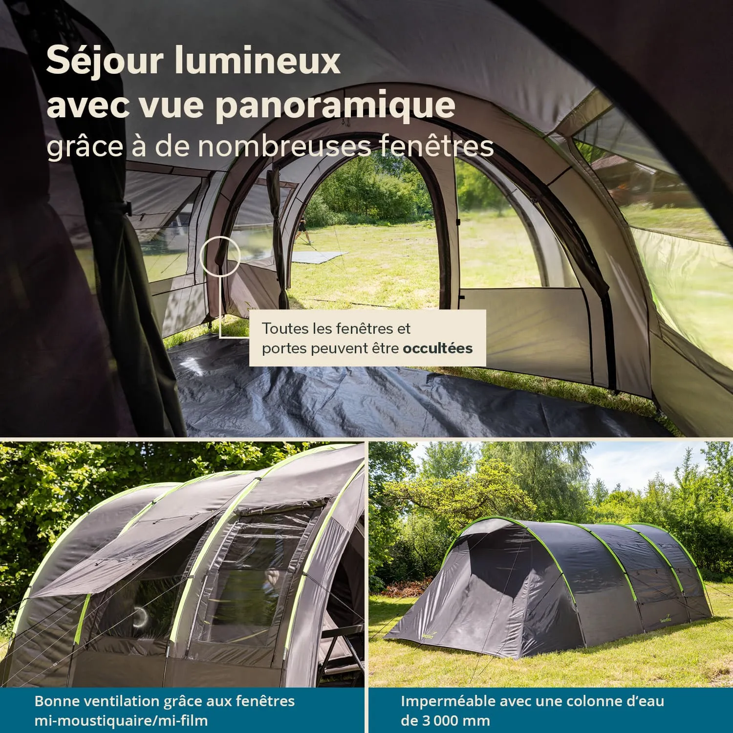 Zelt mit vielen Fenstern, das eine helle Innensicht bietet. Außenseite zeigt wasserabweisendes Material und Ventilationselemente.