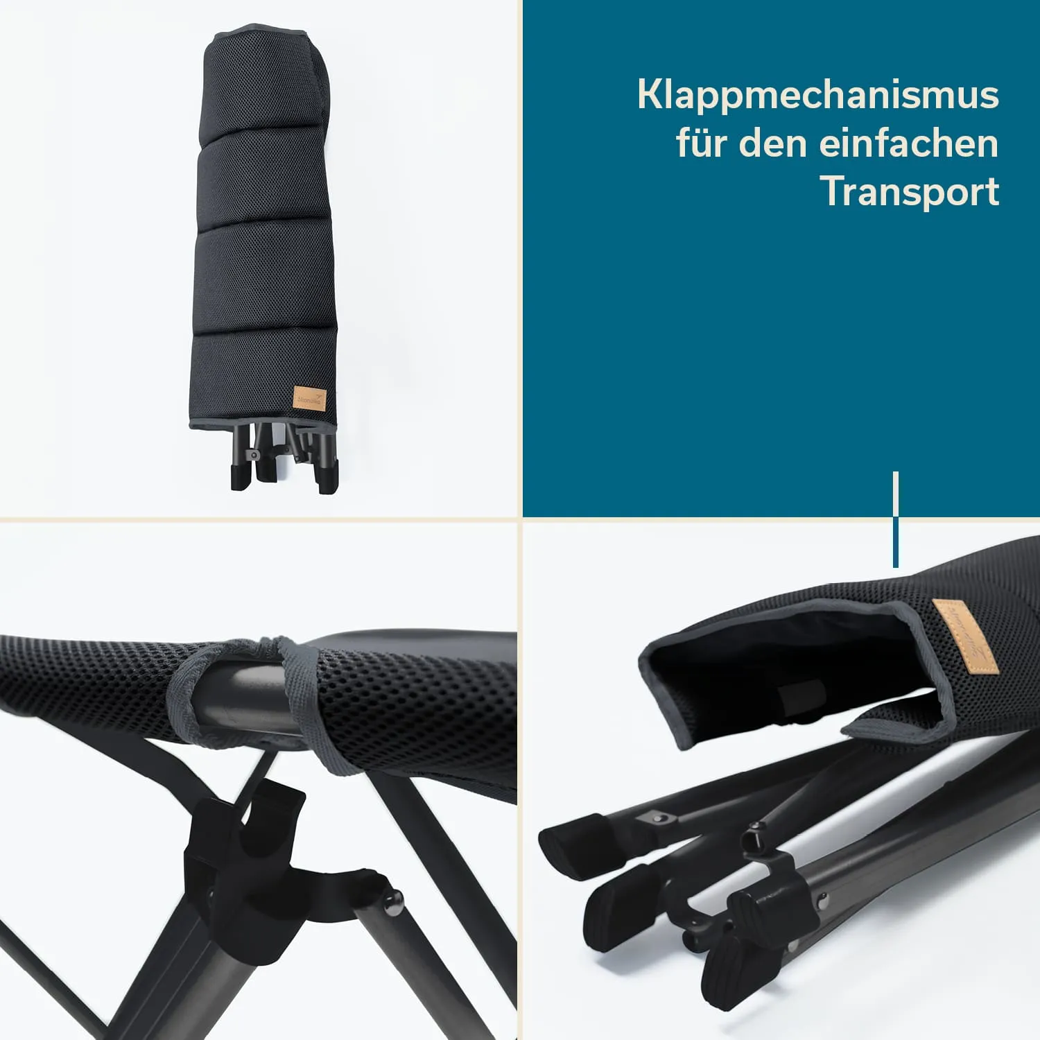Faltstuhl in schwarzem Material, teilweise zusammengeklappt. Verschiedene Perspektiven zeigen den Klappmechanismus und die Struktur.