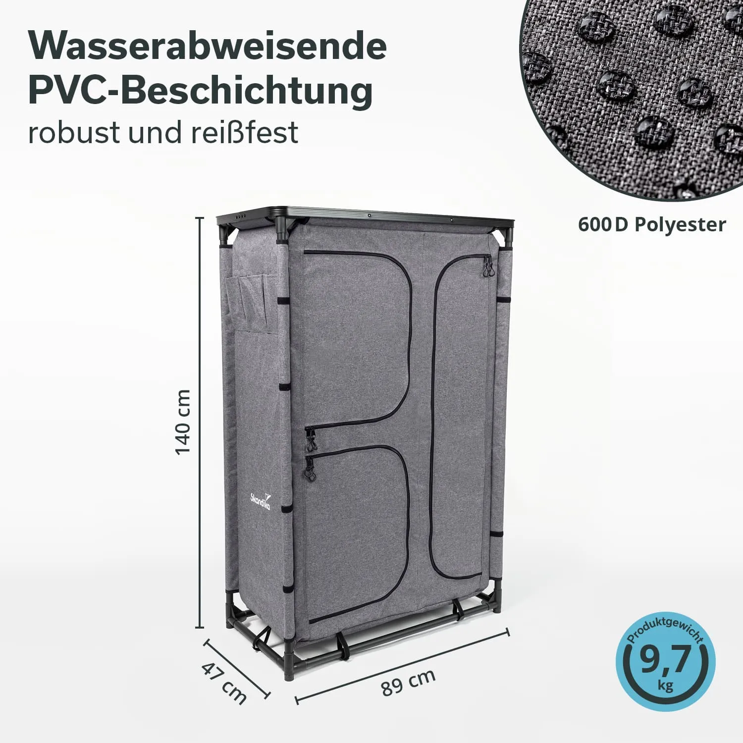 Grauer Kleiderschrank mit PVC-Beschichtung, Maße: 140 cm hoch, 89 cm breit, 47 cm tief, Produktgewicht 9,7 kg.