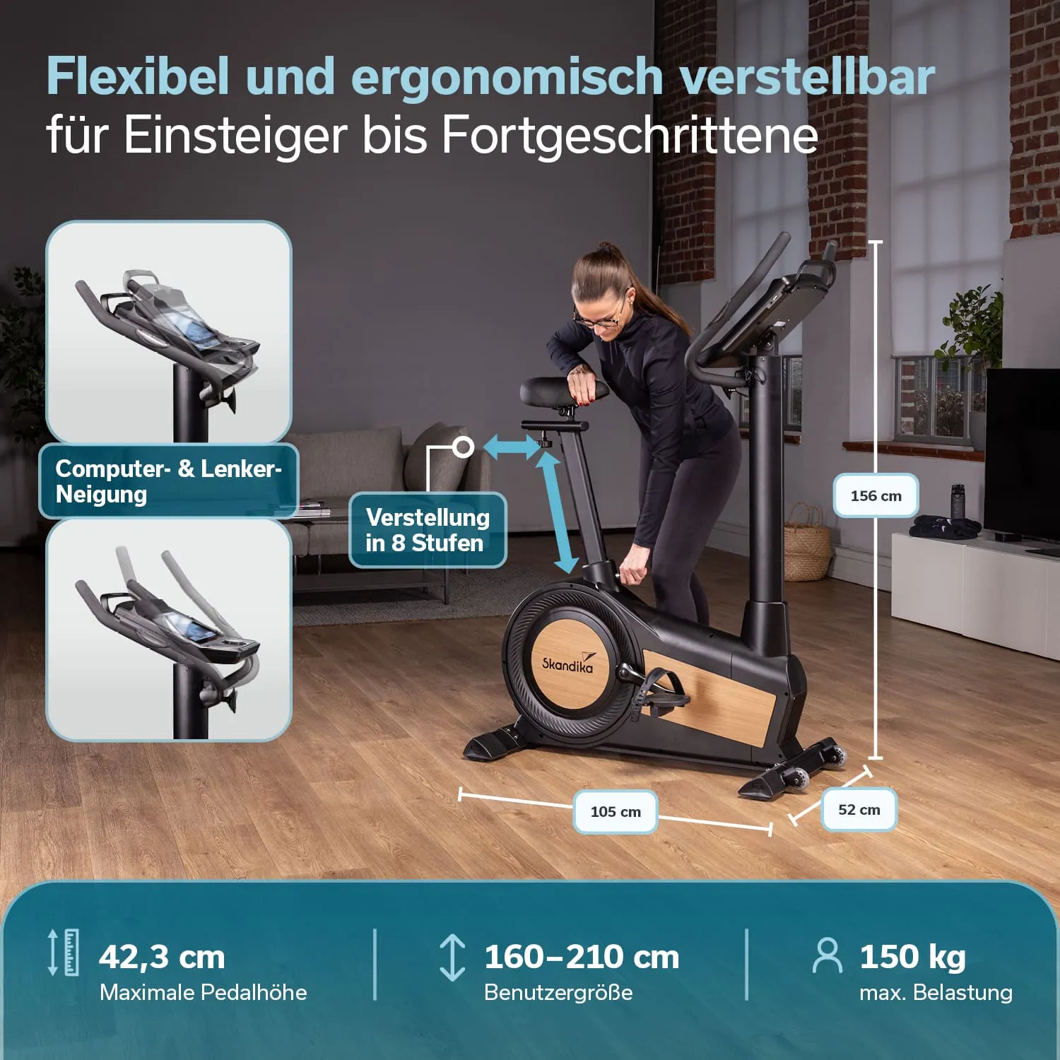 Ergometer mit verstellbarem Sattel und Lenker. Maße und max. Belastung von 150 kg sind angegeben. Holzoptik und modernes Design.