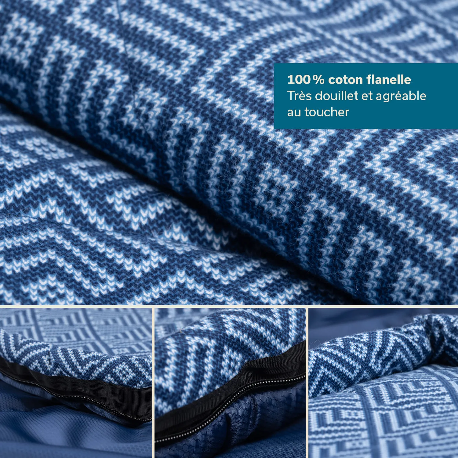 Gestapeltes, bläulich gemustertes Flanellmaterial mit einem sichtbaren Reißverschluss und Strukturdetails.