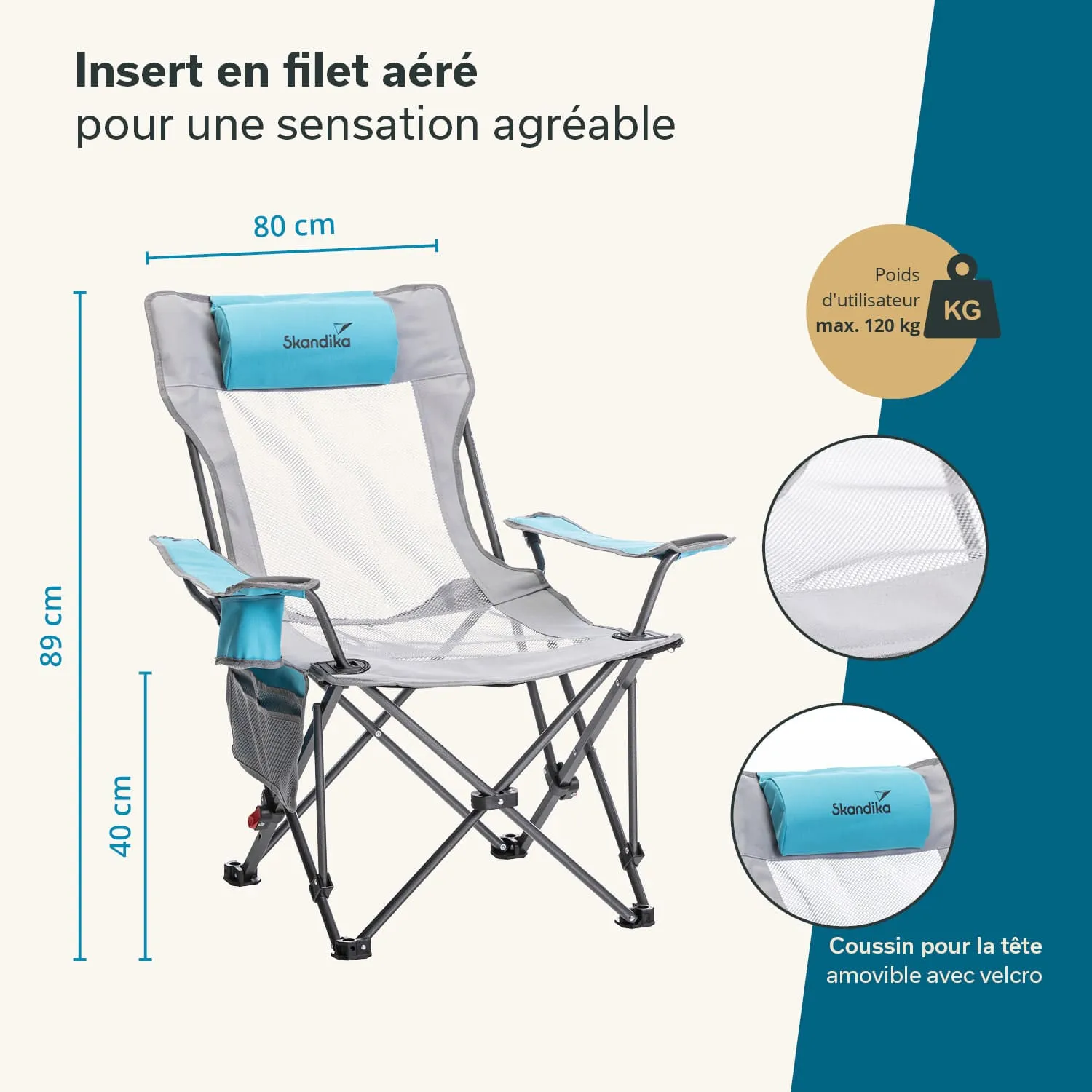 Faltstuhl mit Netzbezug in Grau und Blau. Maße: 80 cm Breite, 89 cm Höhe, 40 cm Sitzhöhe. Kopfkissen abnehmbar.