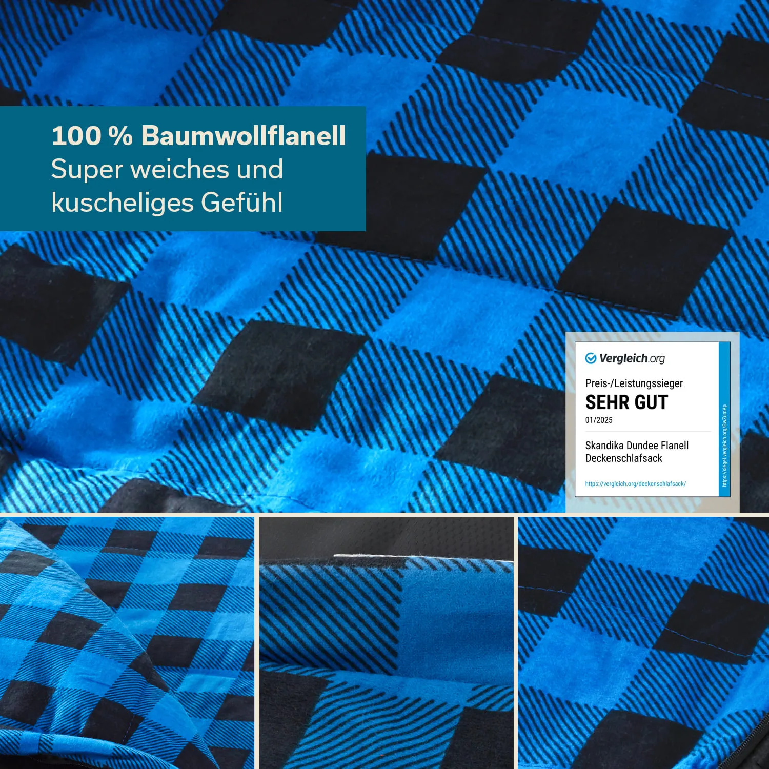 Blaue und schwarze Karomuster auf Baumwollflanell mit der Beschreibung "100 % Baumwollflanell, super weiches Gefühl" und einem Bewertungssiegel.