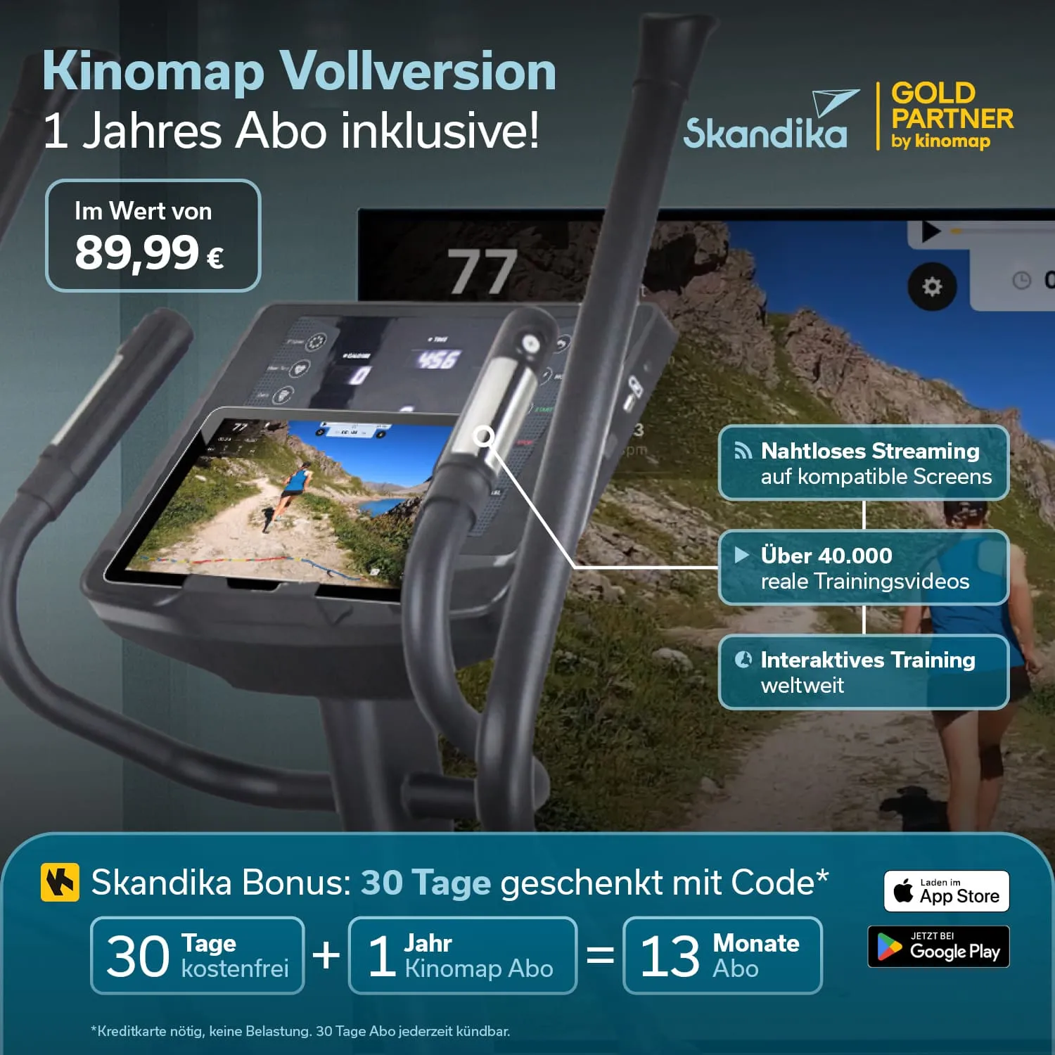 Grafik mit Informationen zu einem Fitnessgerät. Anzeige der Kinomap Vollversion, Preis 89,99 €, Abo-Angebote und Trainingsvideos.