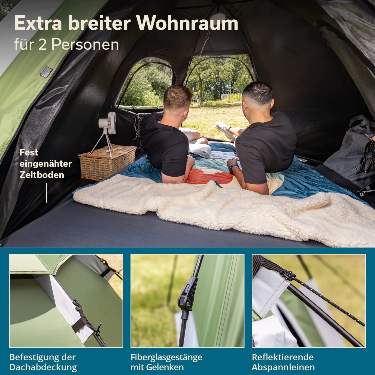 Zeltinneres mit zwei Personen, die auf einer Matratze sitzen. Sicht auf eine Wiese durch die geöffnete Zeltöffnung. Neben ihnen liegt ein Korb.
