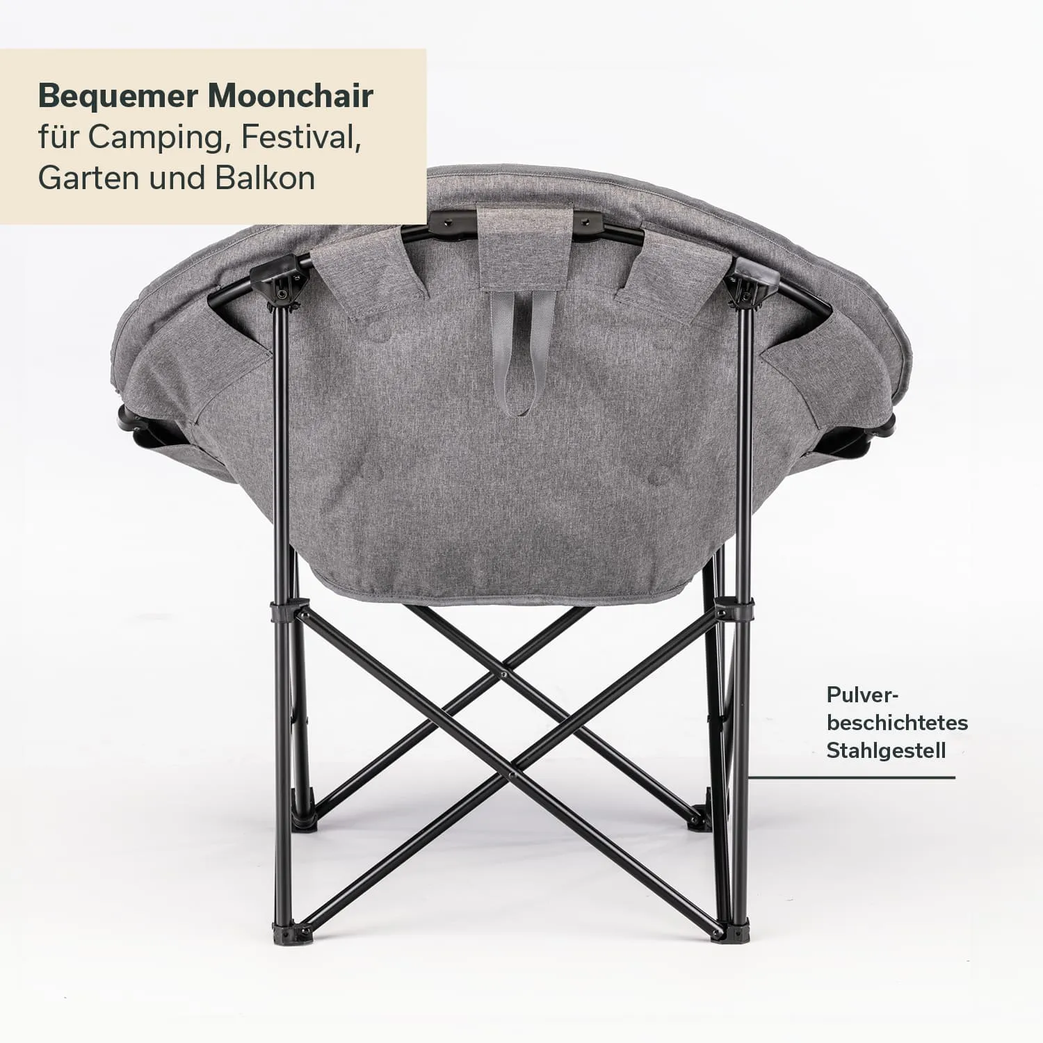 Grauer Moonchair mit einem pulverbeschichteten Stahlgestell, im Hintergrund ein heller, einfarbiger Untergrund.