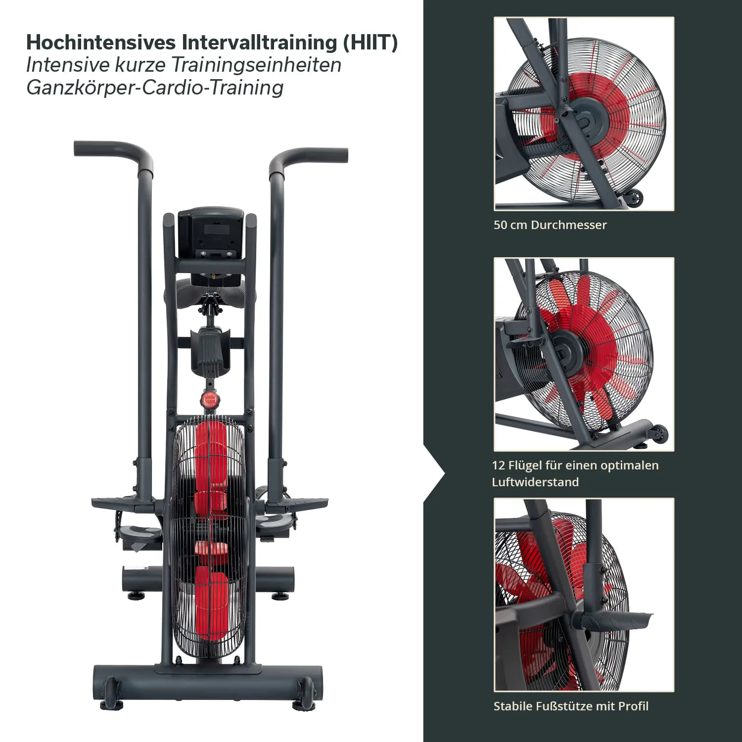 Sportgerät für Hochintensives Intervalltraining (HIIT) mit zwei großen Lüftern und stabilen Fußstützen.