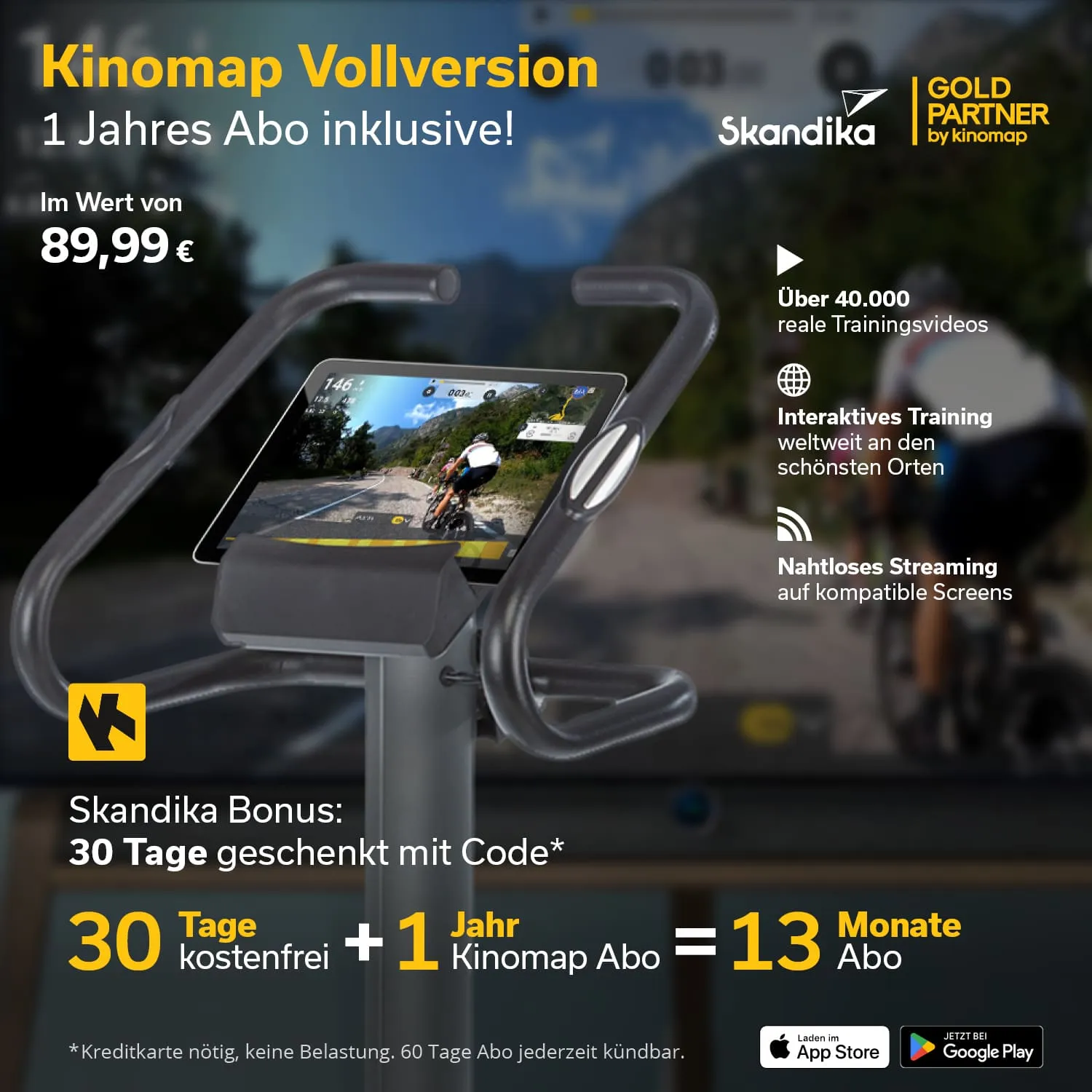 Anzeige für Kinomap Vollversion mit Abonnementdetails. Ein Tablet zeigt ein Trainingsvideo, darunter Informationen zu Preisen und Angeboten.