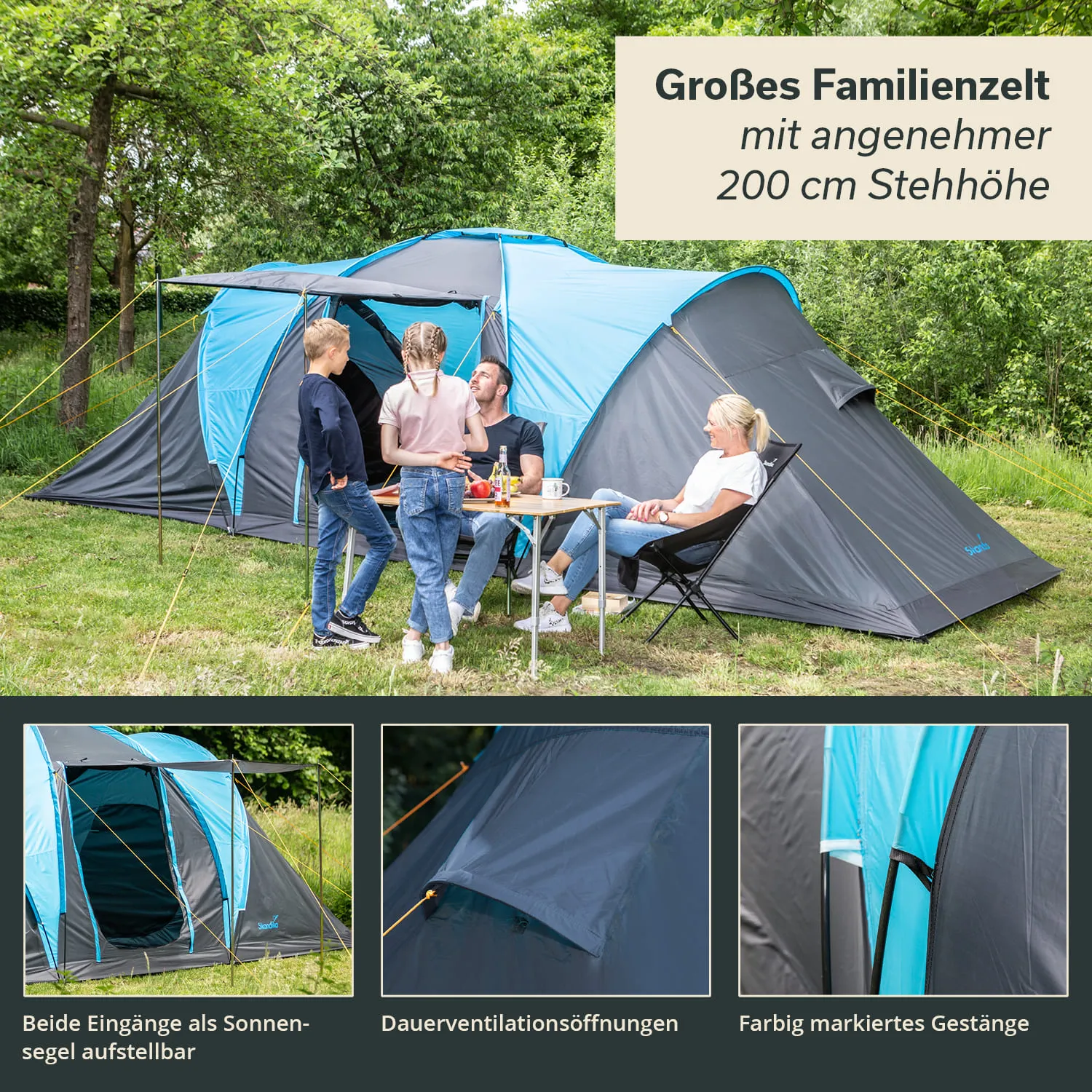 Familienzelt mit blauen und grauen Elementen, umgeben von Bäumen. Personen am Tisch, verschiedene Details zum Zelt.