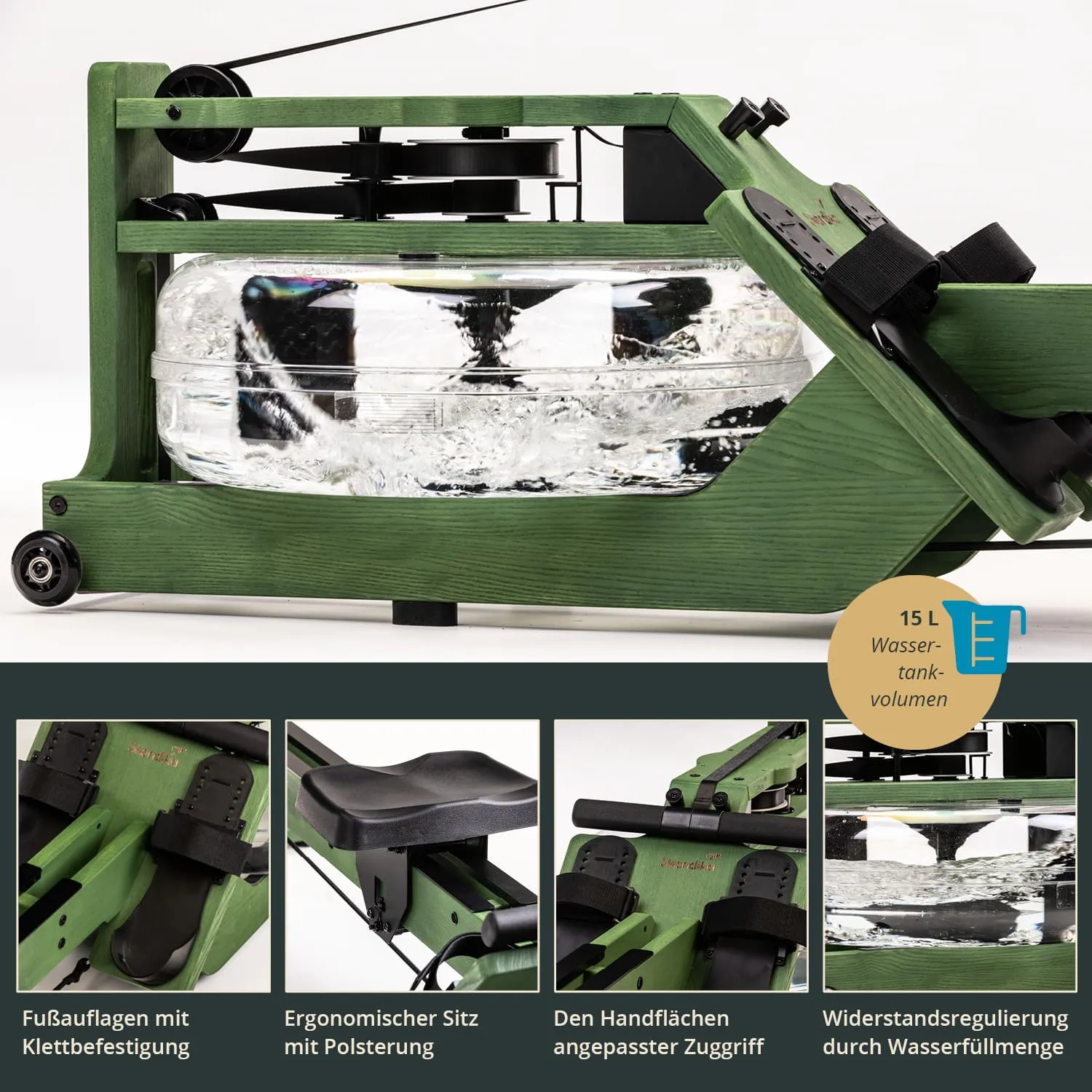 Wassertreter mit grünem Holzrahmen und transparentem Wassertank. Fußauflagen mit Klett, ergonomischer Sitz und Handgriff.
