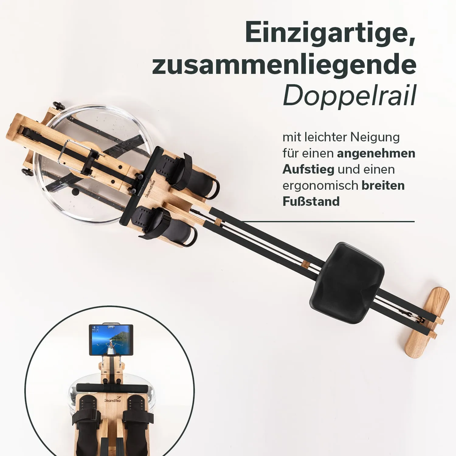 Rudergerät aus Holz mit transparentem Wassertank, schwarzen Riemen und ergonomischem Sitz. Textelemente im Hintergrund.