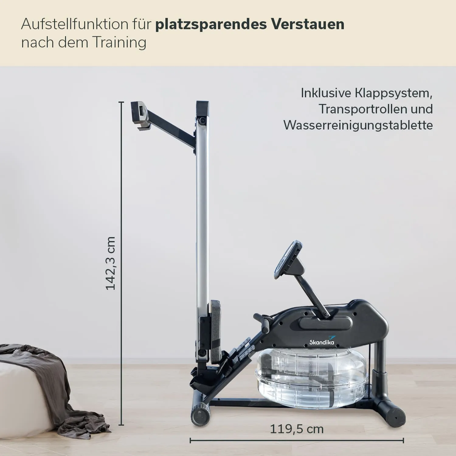 Platzsparendes Rudergerät mit Klappfunktion, Transportrollen und Wasserreinigungstablette. Maße: 142,3 cm Höhe, 119,5 cm Länge.
