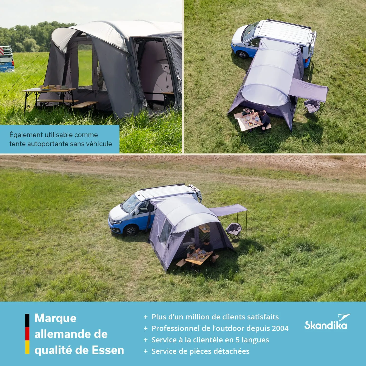 Zelt in grauer Farbe, angelehnt an ein blaues Fahrzeug, auf einer Wiese. Tische mit Stühlen stehen daneben.