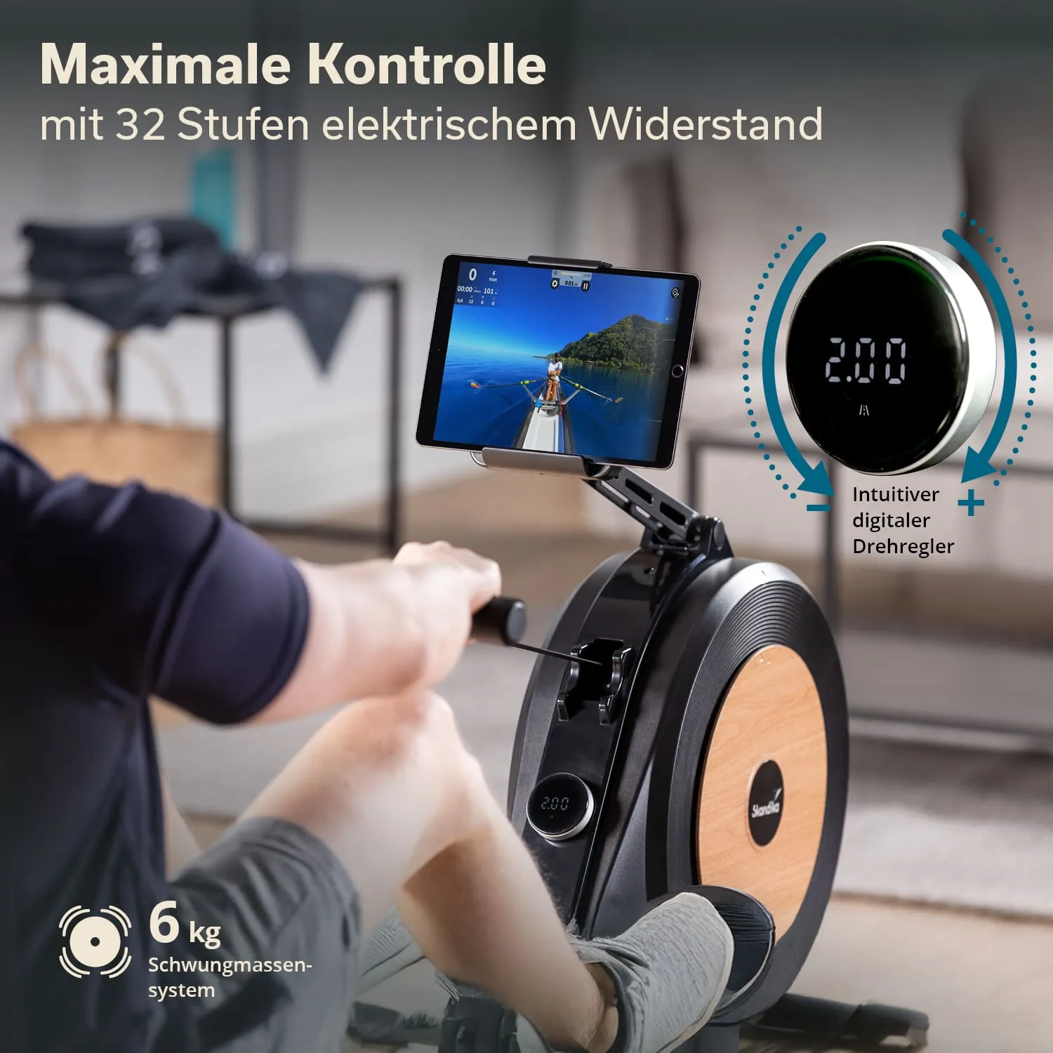 Rudergerät mit digitalem Display und Tablet-Halterung, Fokus auf Widerstandseinstellung, im Hintergrund ein helles Zimmer.