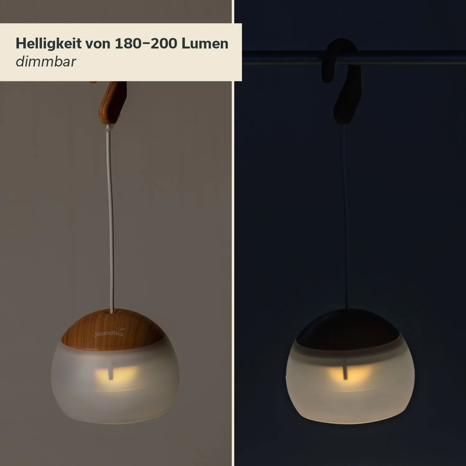 Hängende Lampe mit holzartig strukturierter Oberseite und transparenter unterer Halbkugel, die Licht ausstrahlt.