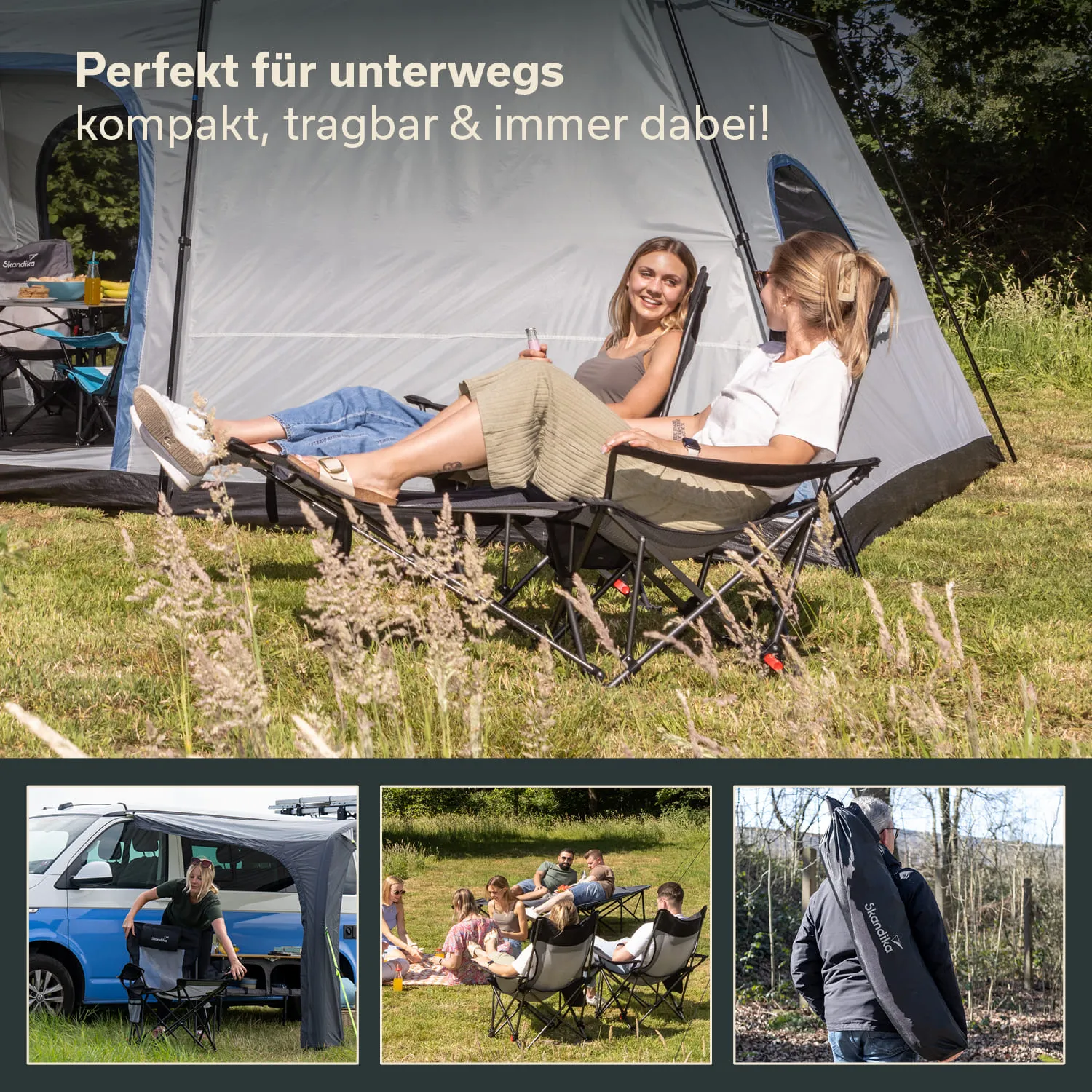 Zwei Personen sitzen in Campingstühlen vor einem Zelt, umgeben von Wiese. Weitere Bilder zeigen Aktivitäten mit Campingstühlen.