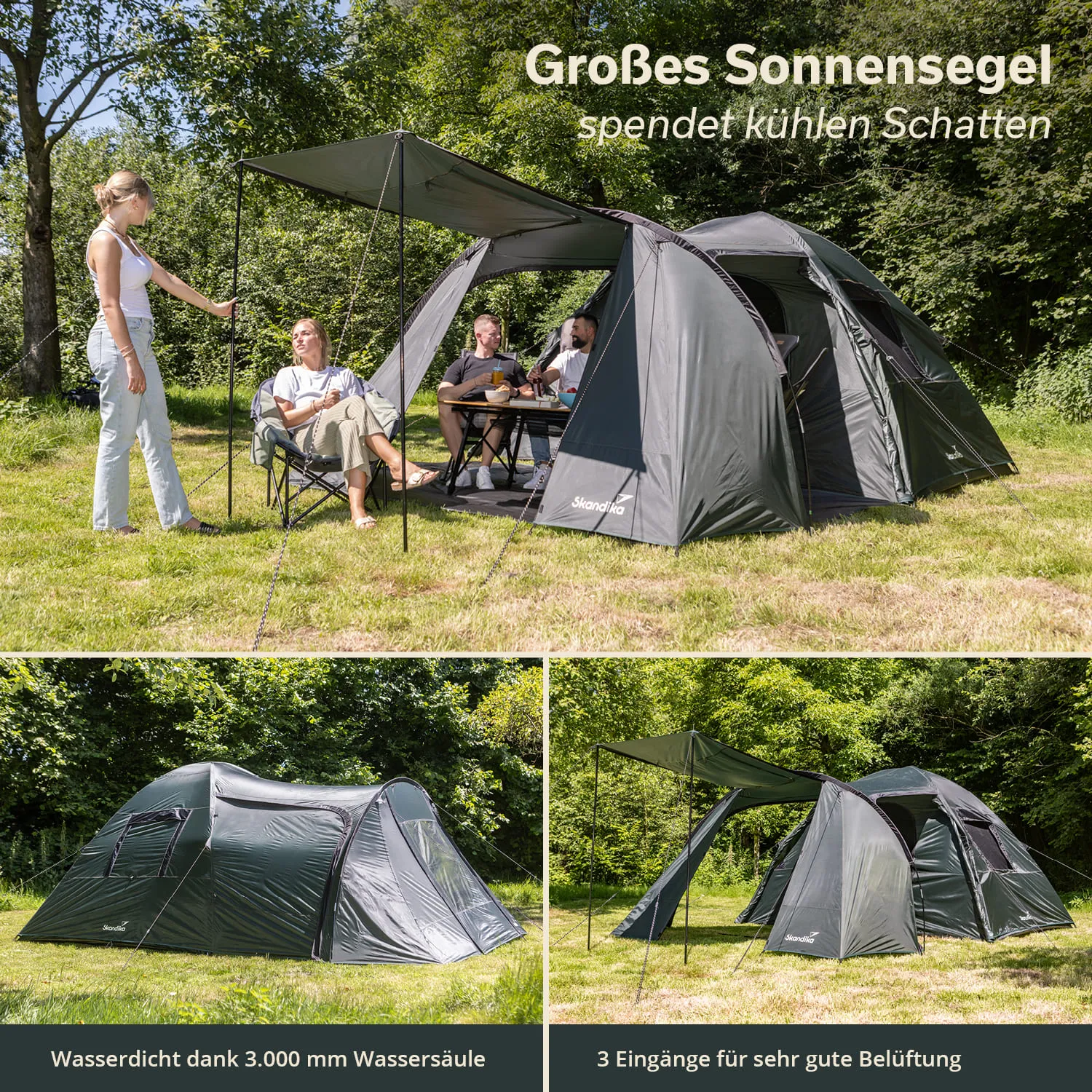 Zelt mit Sonnensegel steht auf einer Wiese, mehrere Personen sitzen und entspannen. Bäume im Hintergrund.