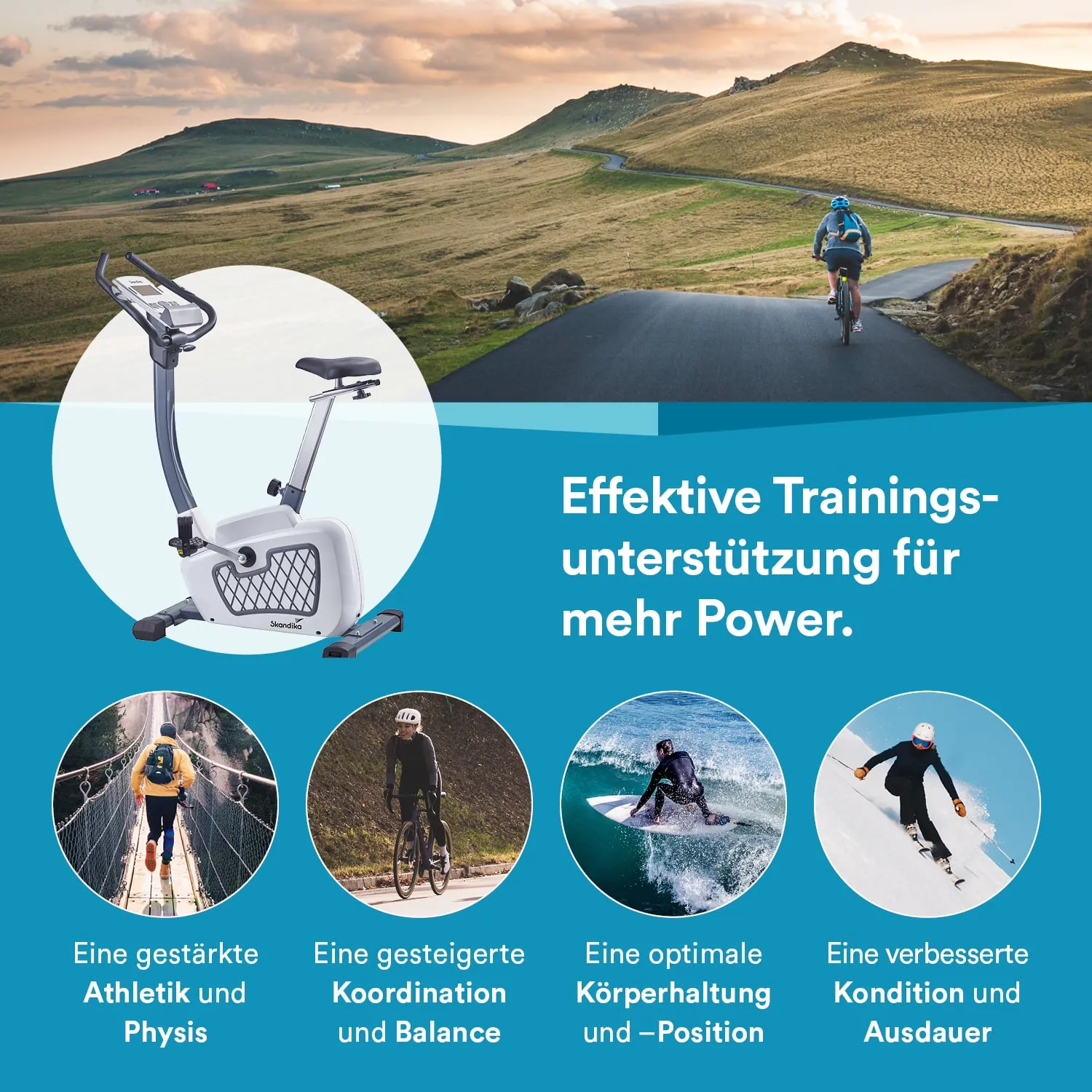 Ein Heimtrainer ist vor einer Berglandschaft abgebildet. Rund um den Trainer sind vier kleine Bilder, die verschiedene Sportarten zeigen: eine Person auf einem Seil, ein Radfahrer, ein Surfer und ein Wintersportler. Ein Text beschreibt Trainingsvorteile.