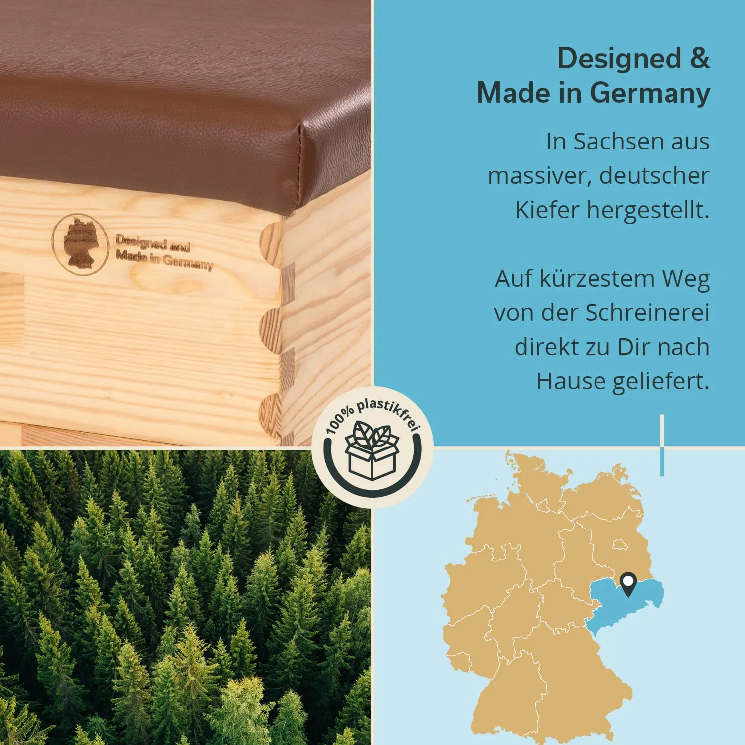 Holzbank mit braunem Polster, umgeben von Waldansicht und einer Karte Deutschlands. Hinweis auf Plastikfreiheit und deutsche Herkunft.