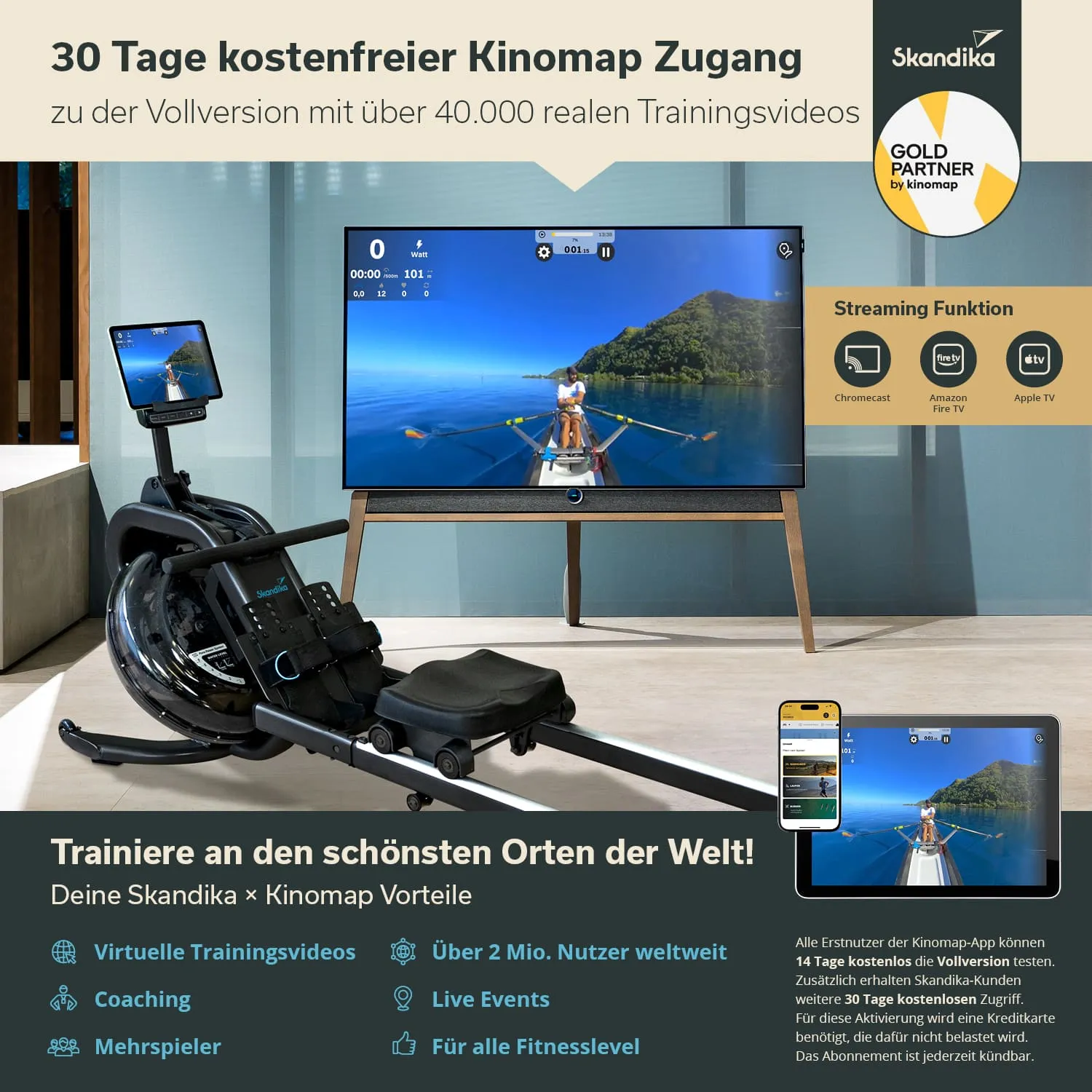Rudergerät neben einem Fernseher, der ein Trainingsvideo zeigt. Smartphone und Tablet sind sichtbar, Informationen zu Vorteilen und Angeboten.