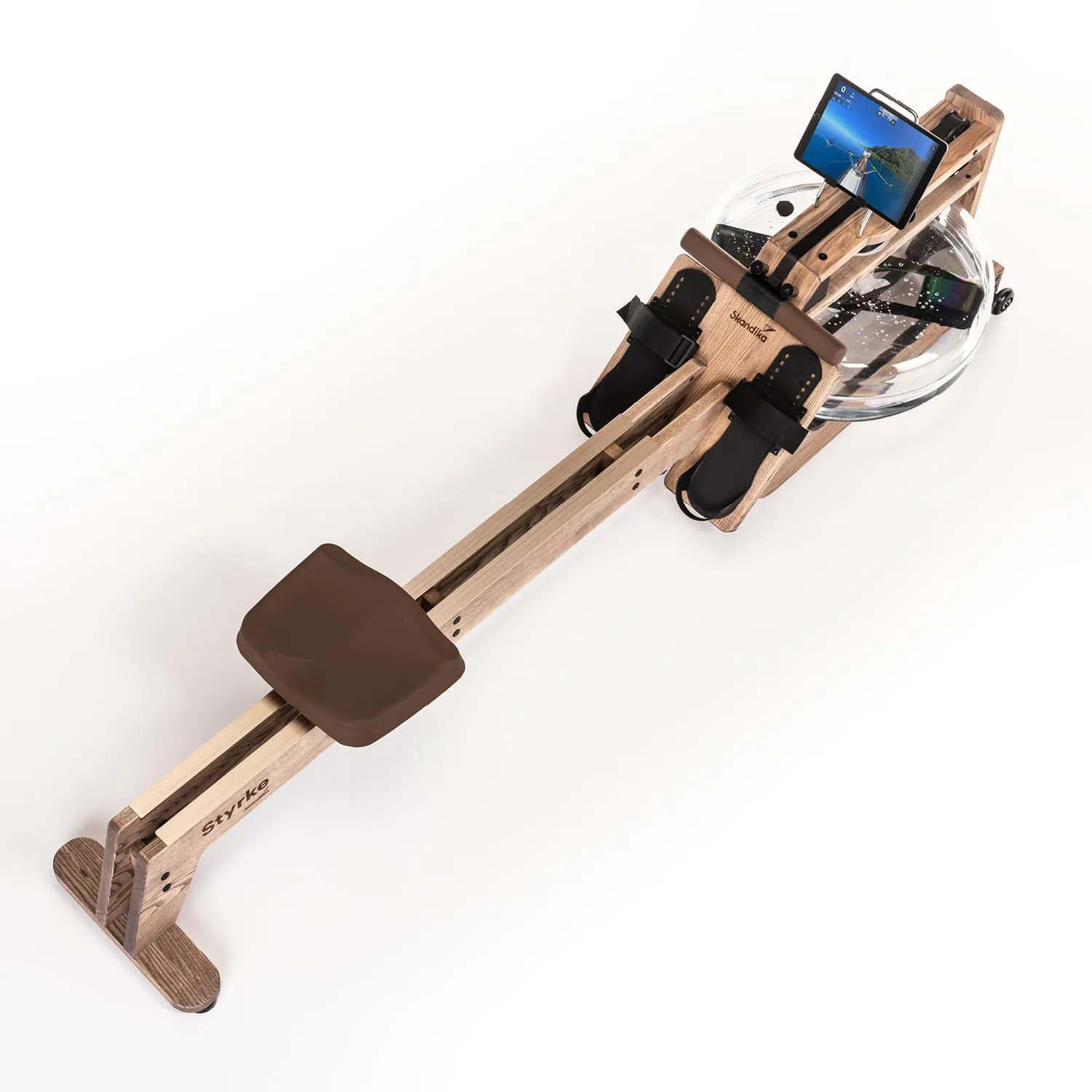 Rudergerät aus Holz mit einer transparenten Wassertank, einem Sitzpolster und Platz für ein Tablet.