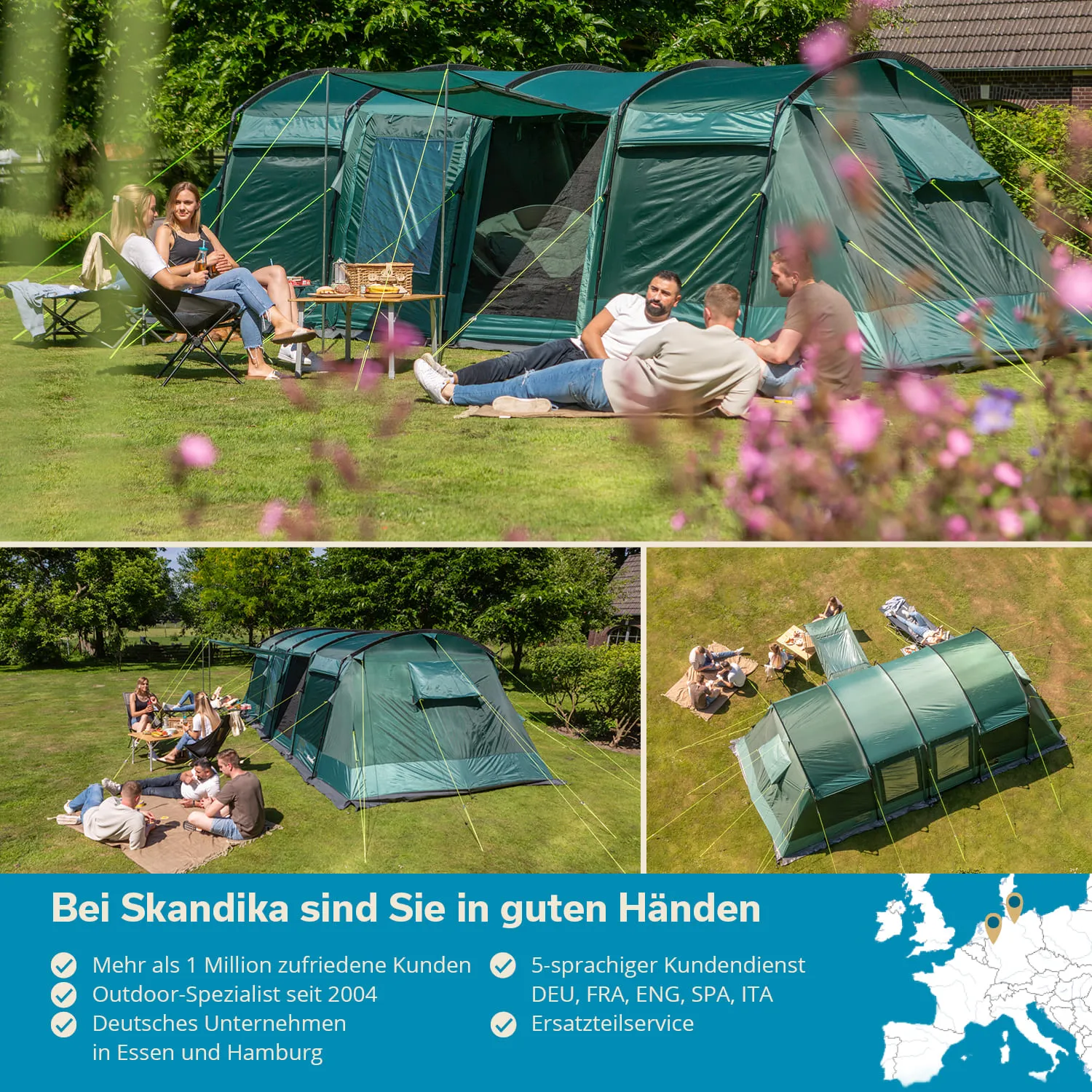 Zwei Zelte und mehrere Personen sitzen entspannend im Freien auf einer Wiese. Einige genießen Getränke und Snacks.