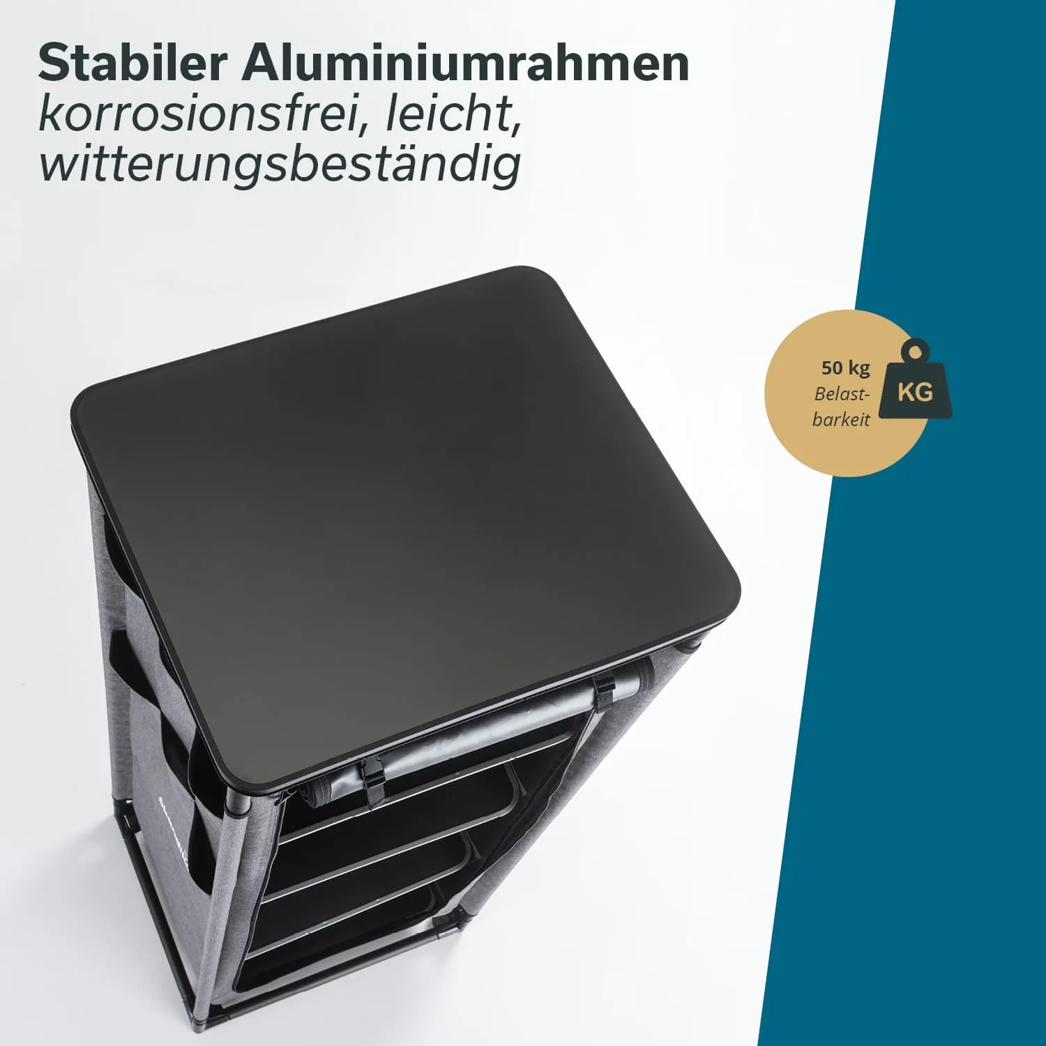 Aluminiumrahmen mit schwarzen Oberflächen und mehreren Ablagefächern, Schriftzug zu Eigenschaften und Belastbarkeit 50 kg.
