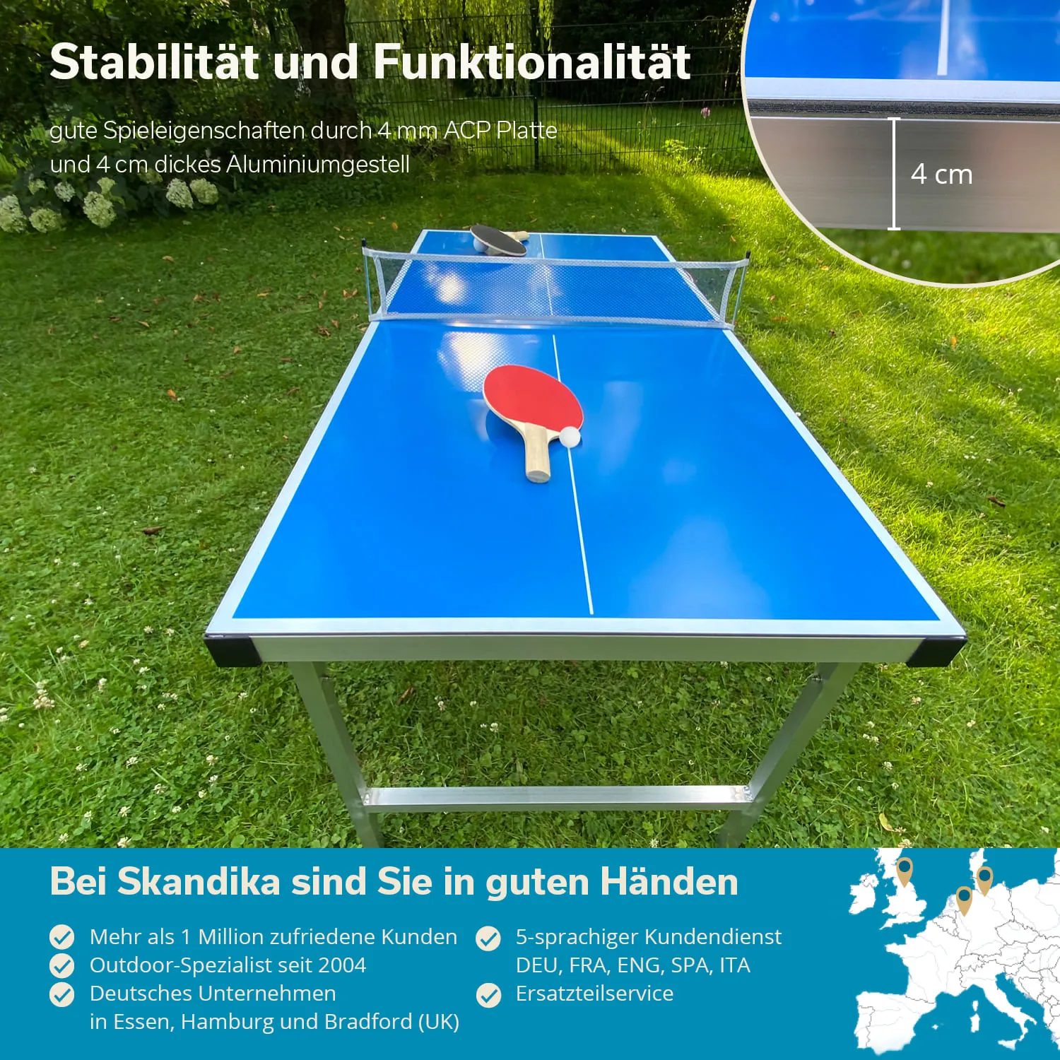 Tischtennisplatte mit blauer Spielfläche, Netz und Schläger, auf einer Wiese platziert.