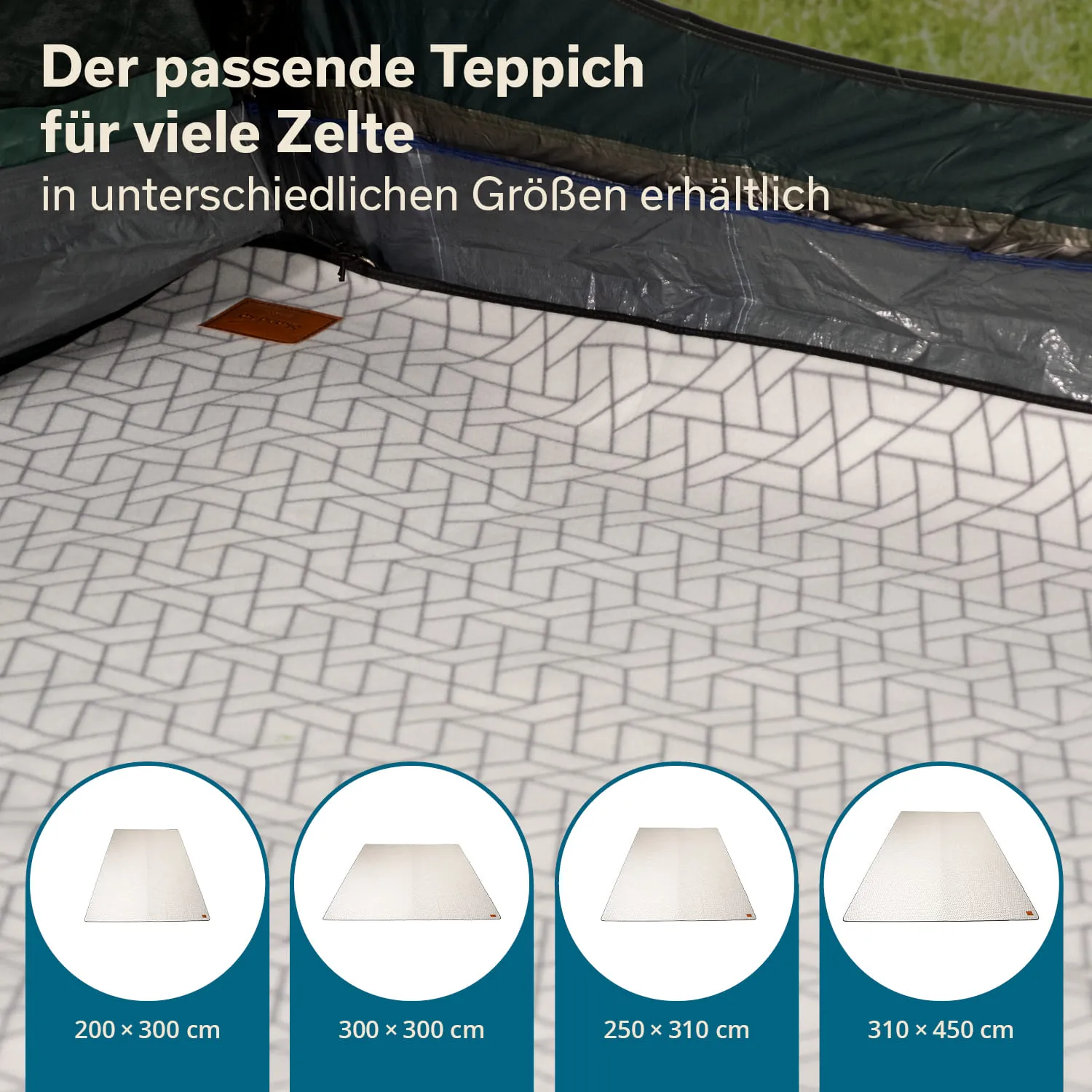Teppich mit geometrischem Muster in einem Zelt. Angaben zu verfügbaren Größen sind darunter abgebildet.