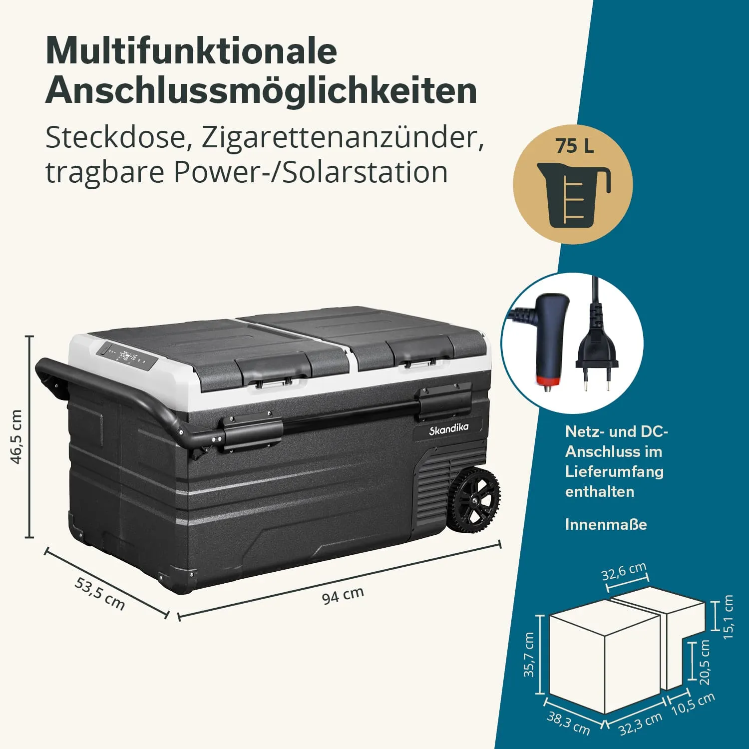 Tragbare Kühlbox mit Steckdose, Zigarettenanzünder und Power/Solarstation. Maße: 94 cm x 53,5 cm x 46,5 cm. Volumen: 75 L.