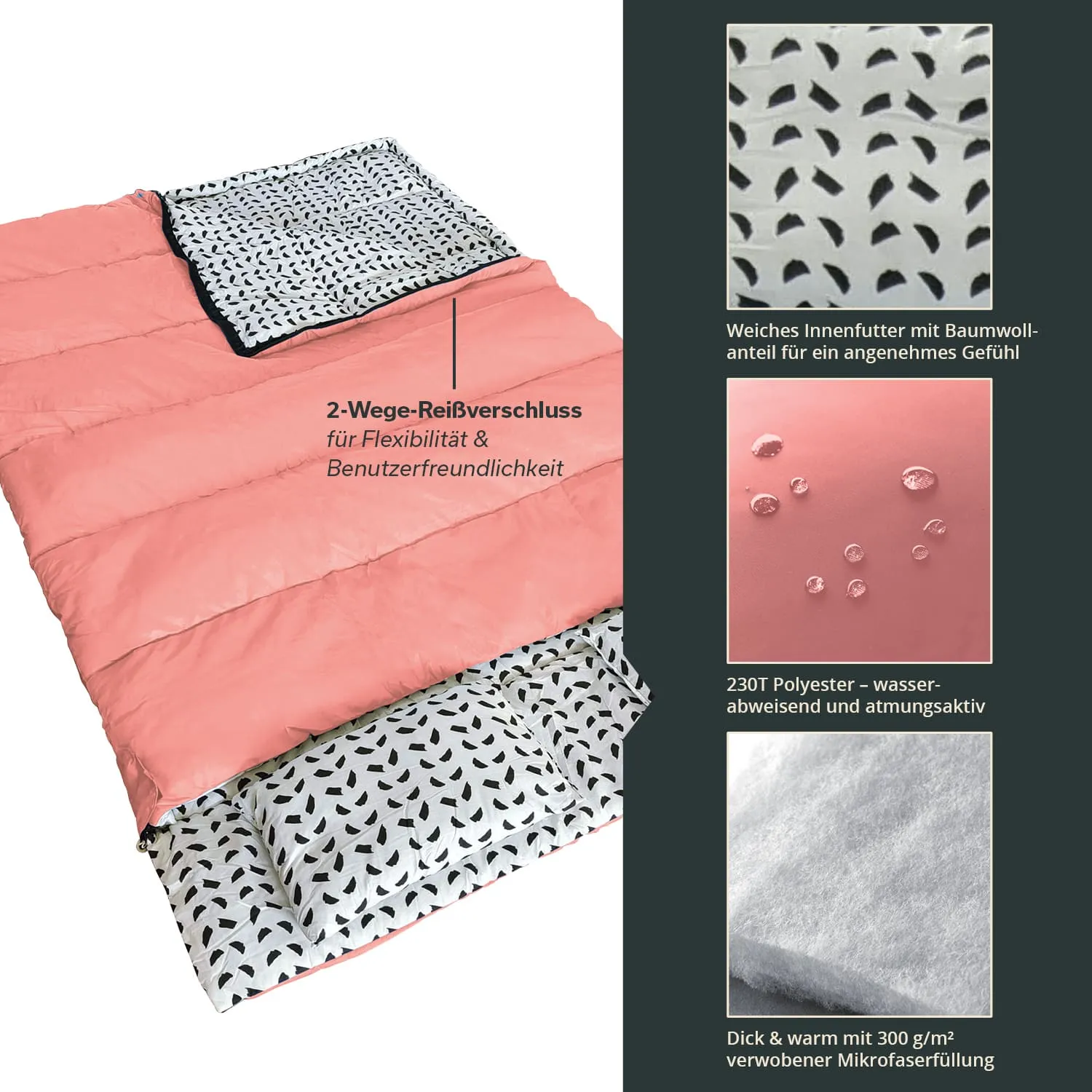 Schlafsack in Koralle und schwarz-weiß, zwei-Wege-Reißverschluss, mit Details zu Materialien und Eigenschaften.