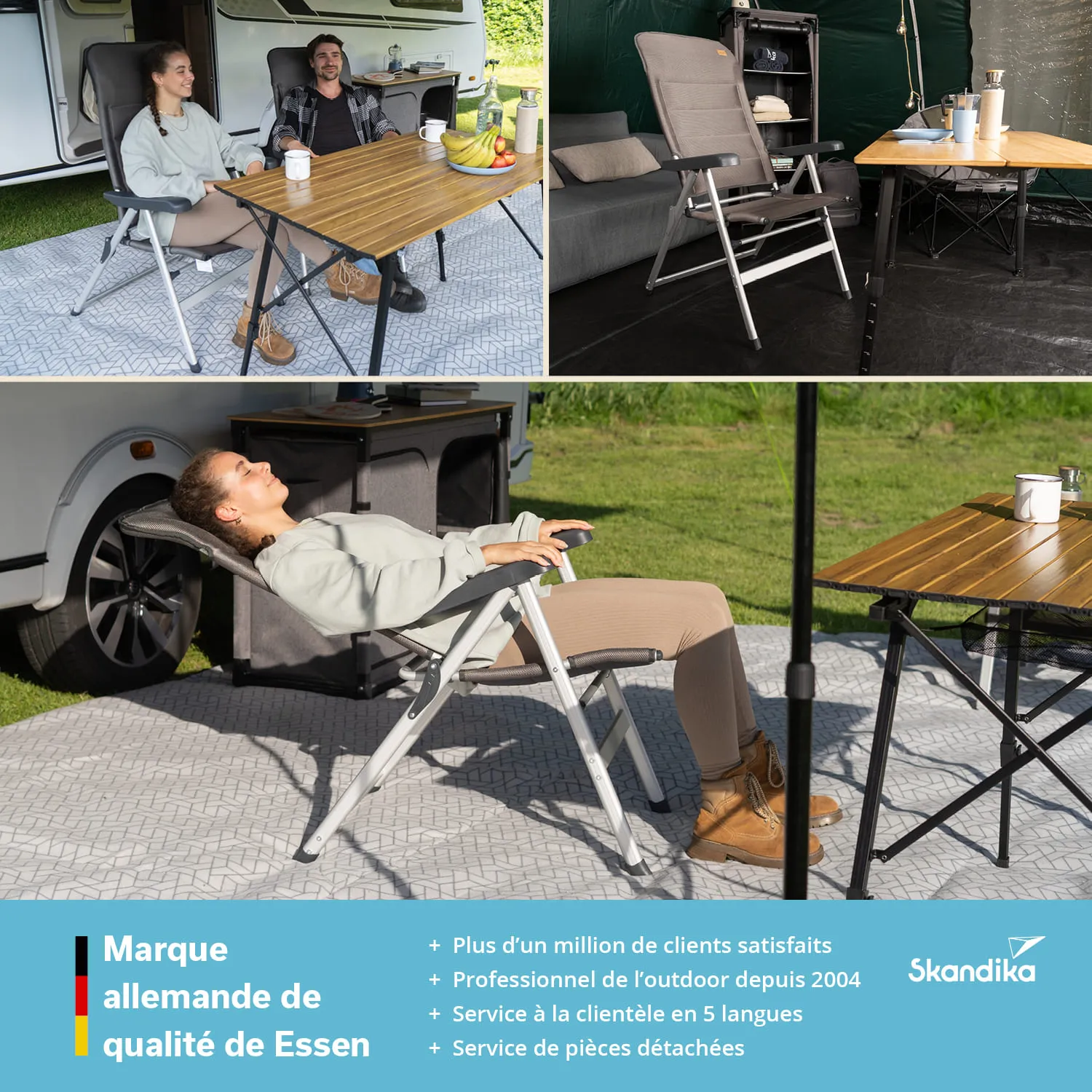 Drei Bilder zeigen Personen in Outdoor-Stühlen an einem Tisch. Eine sitzende Person entspannt in einem liegenden Stuhl. Es gibt einen Tisch mit Getränken und Obst.