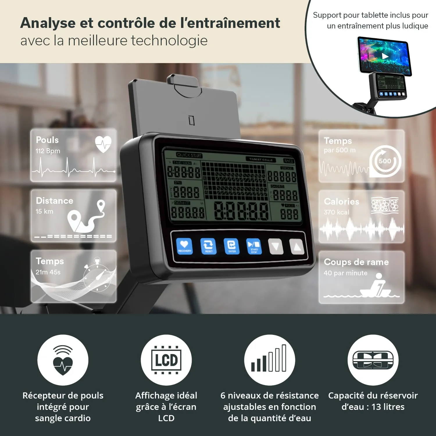 Display eines Rudergeräts mit LCD-Bildschirm. Informationen zu Puls, Distanz, Zeit, Kalorien und Ruderzügen angezeigt.