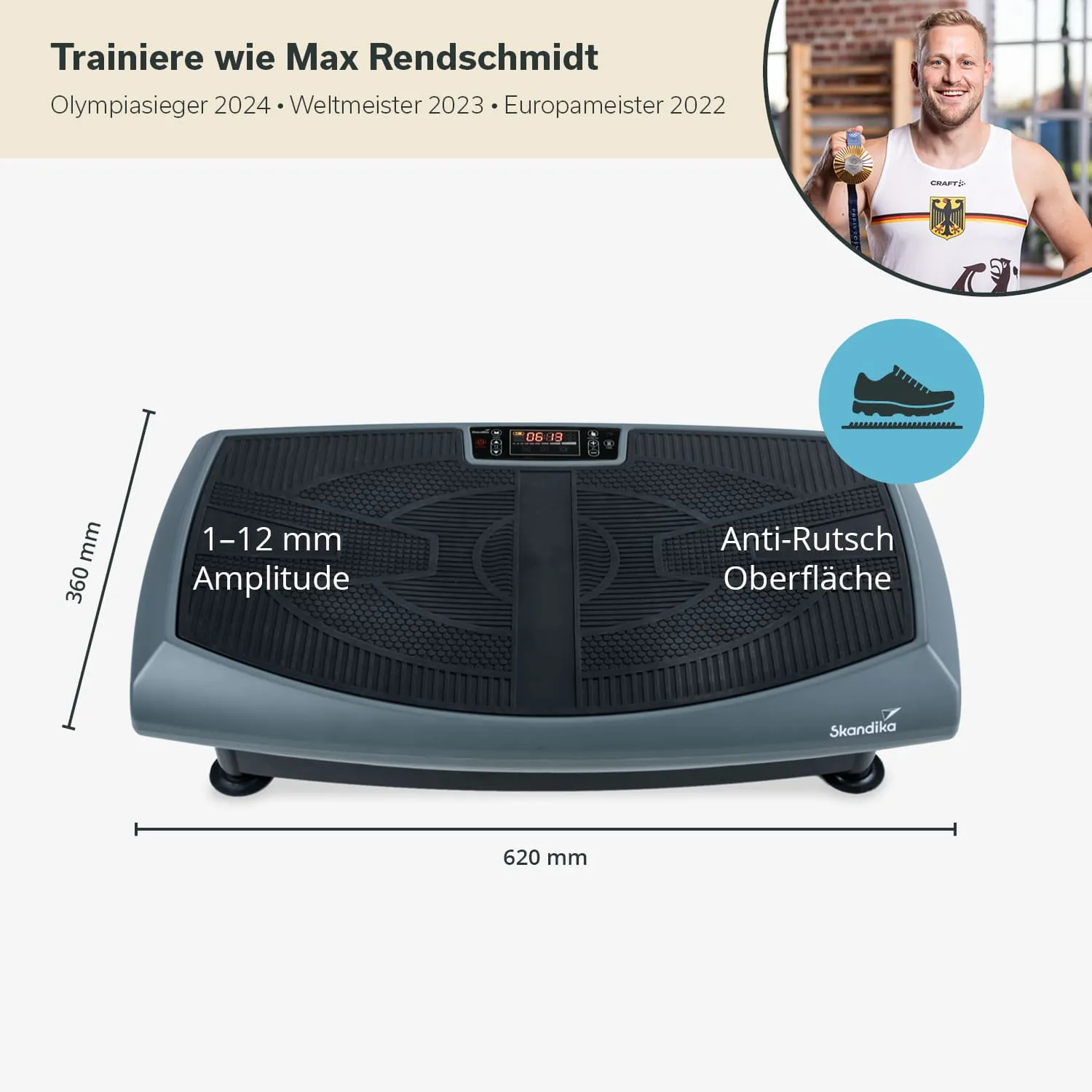 Vibrationsplatte mit anti-rutsch Oberfläche, Abmessungen 620 mm x 360 mm, Anzeige für Trainingszeiten und Amplitude.