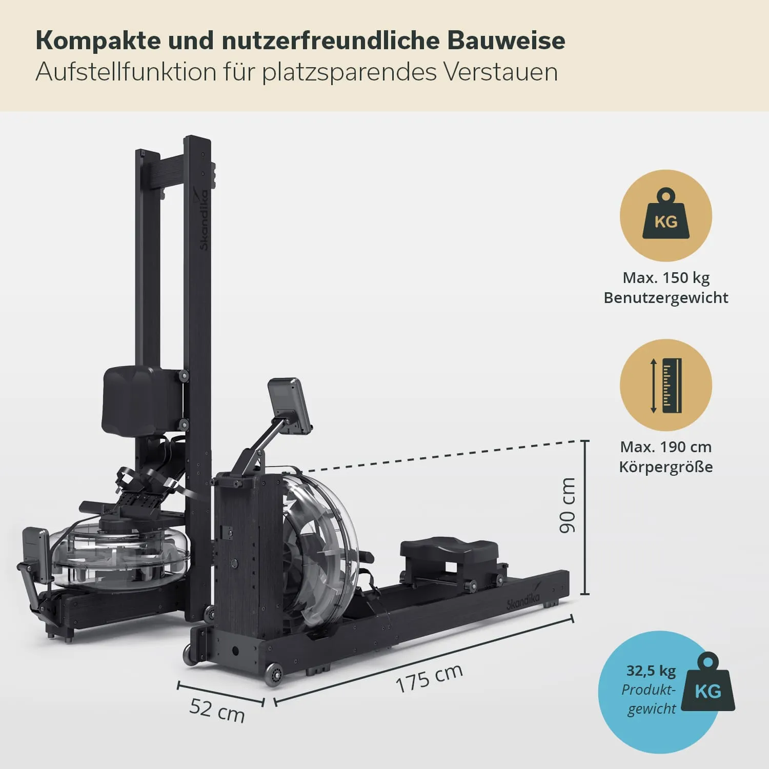 Rudergerät mit Wasserbehälter, Abmessungen 175 x 52 cm, maximal 150 kg Benutzergewicht, für Körpergrößen bis 190 cm.