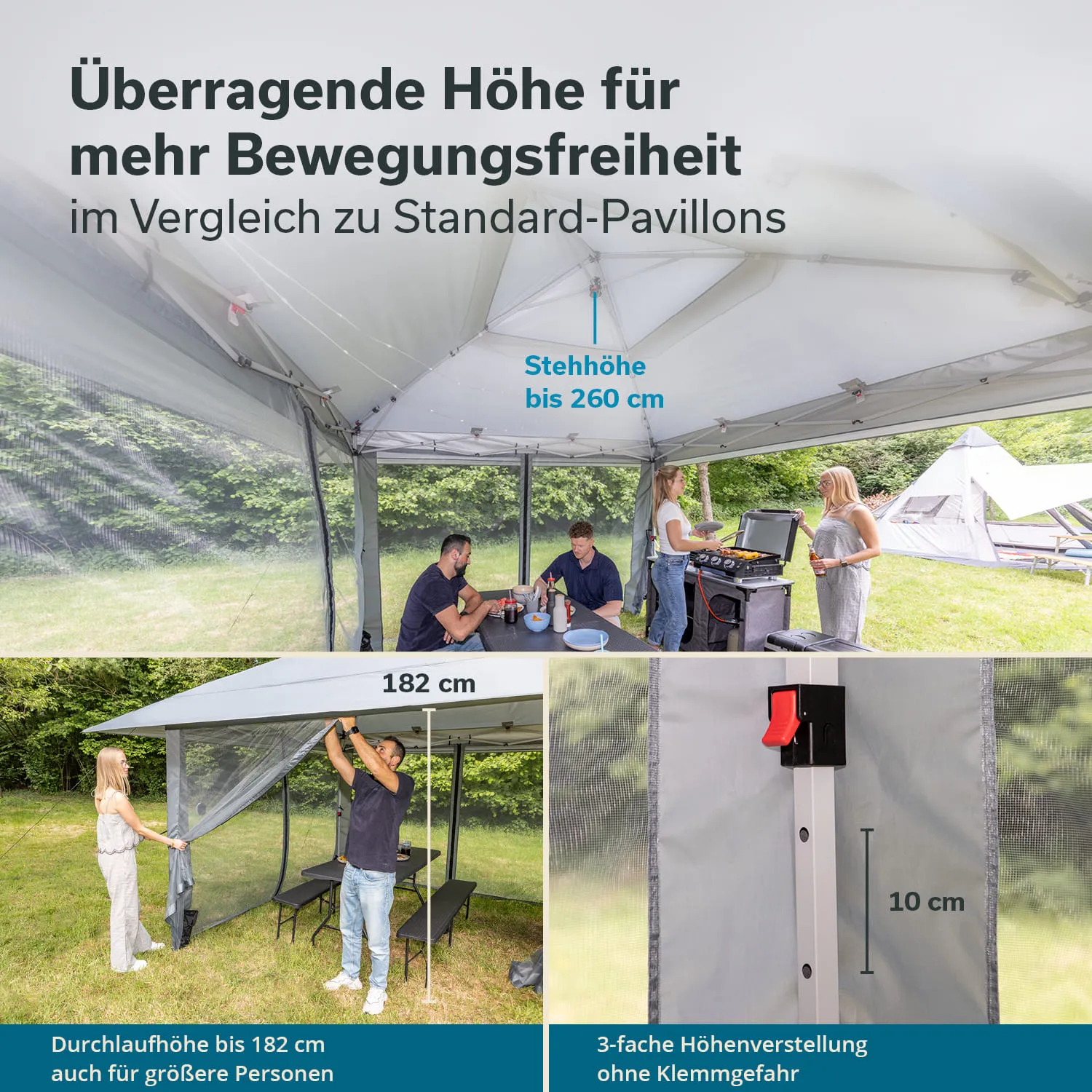 Ein Pavillon mit erhöhter Stehhöhe von bis zu 260 cm steht im Freien. Menschen stehen und sitzen darin, einige nutzen einen Grill. Es sind Maßangaben zur Höhe sichtbar.