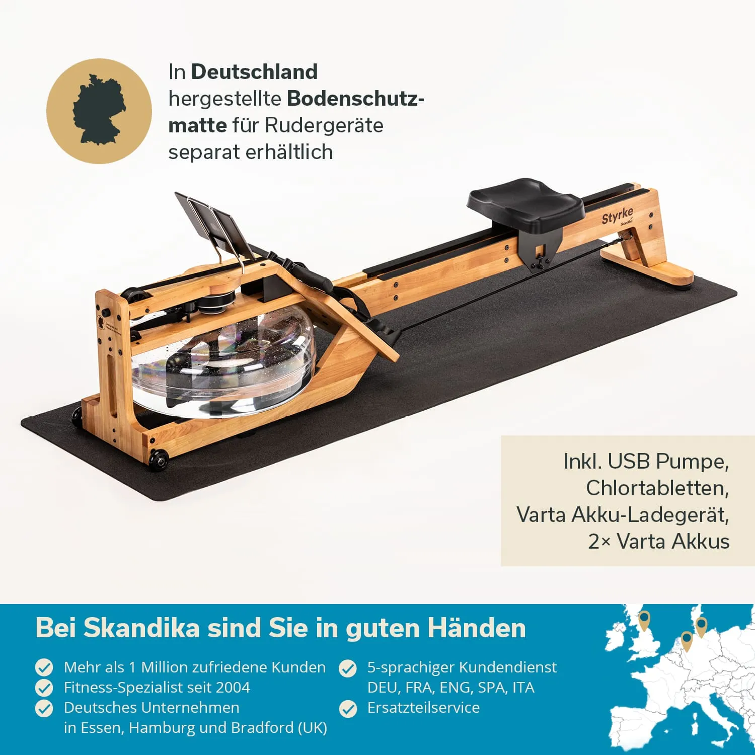 Bodenschutzmatte für Rudergeräte auf einem dunklen Untergrund, Holzstruktur und transparenter Wasserbehälter sichtbar. Textinformationen eingeblendet.