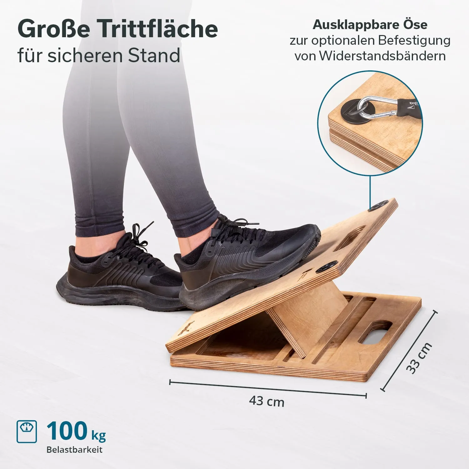 Platte mit großer Trittfläche aus Holz, die eine Ausklappvorrichtung für Widerstandsband bietet. Größe: 43 x 33 cm.