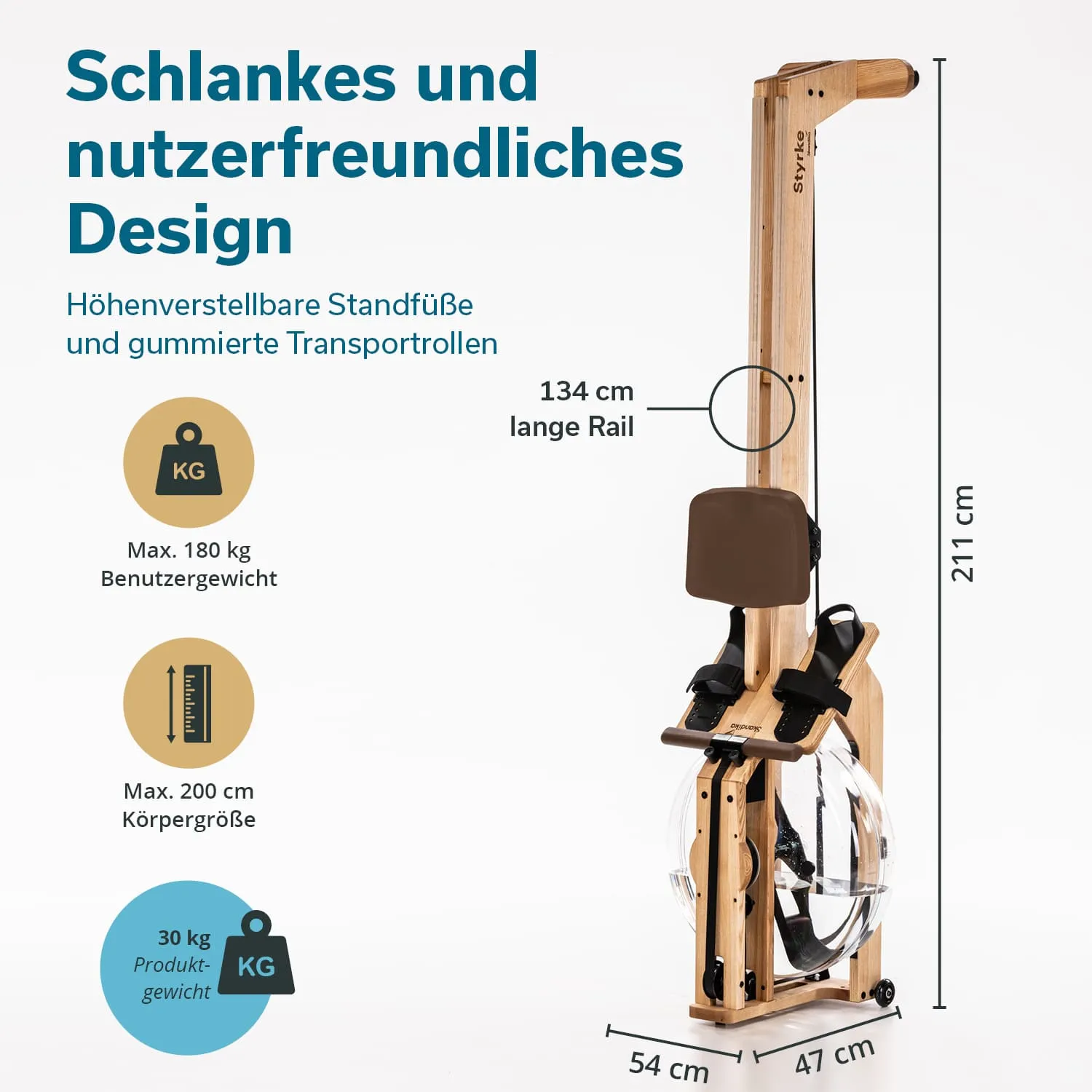 Rudergerät aus Holz mit einem langen Rail, verstellbaren Standfüßen und Transportrollen. Maße und Belastbarkeit angegeben.