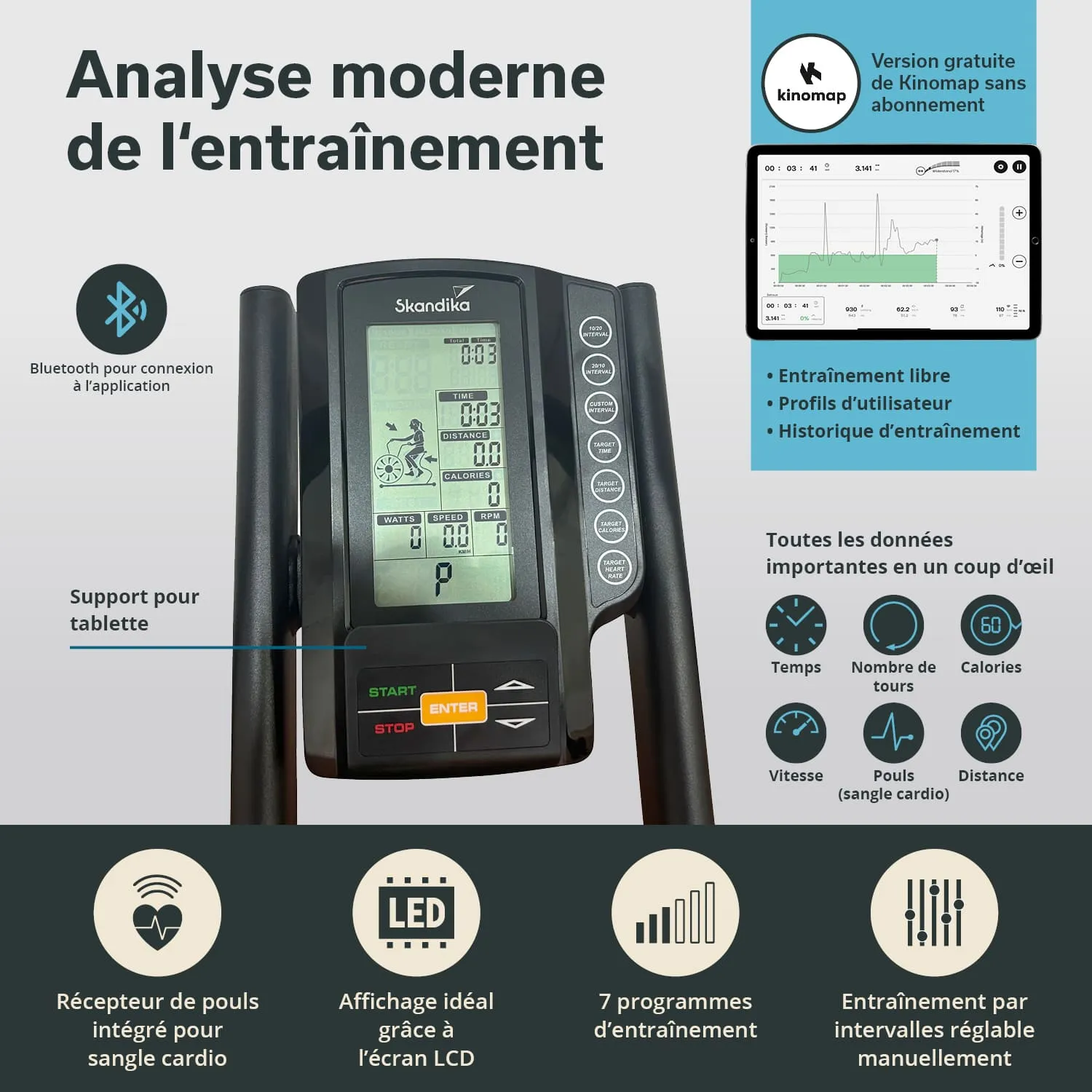 Display eines Fitnessgeräts mit LCD-Bildschirm. Funktionen: Zeit, Distanz, Kalorien, Puls. Bluetooth-Verbindung, Unterstützung für Tablet.
